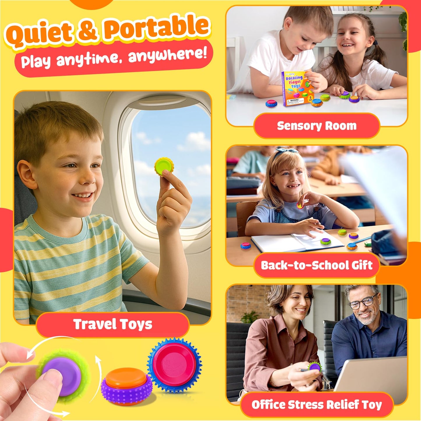 LESONG 9-Pack Fidget Sensory Toys for Kids – Quiet Textured Finger Spinners
