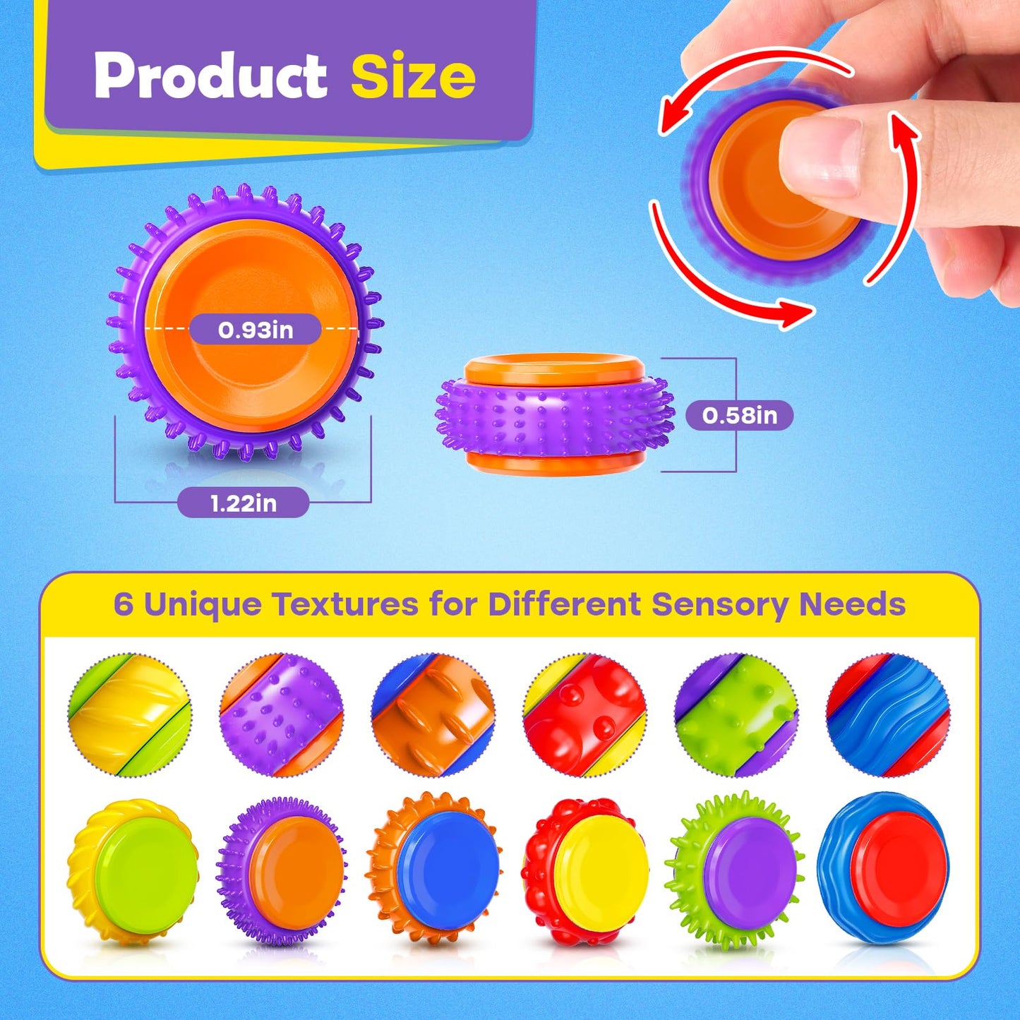 LESONG Fidget Sensory Toys - 18-Pack Textured Finger Spinners for Kids, Quiet & Classroom-Friendly