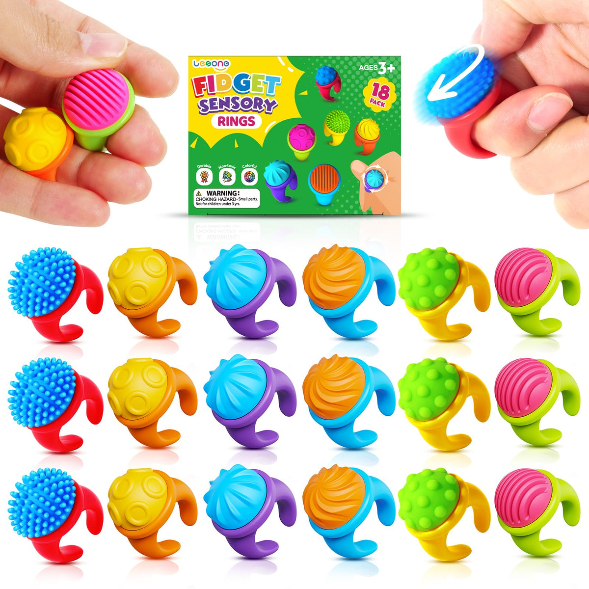 LESONG Fidget Rings 18-Pack: Textured Spinner Toys for Anxiety Relief and Focus