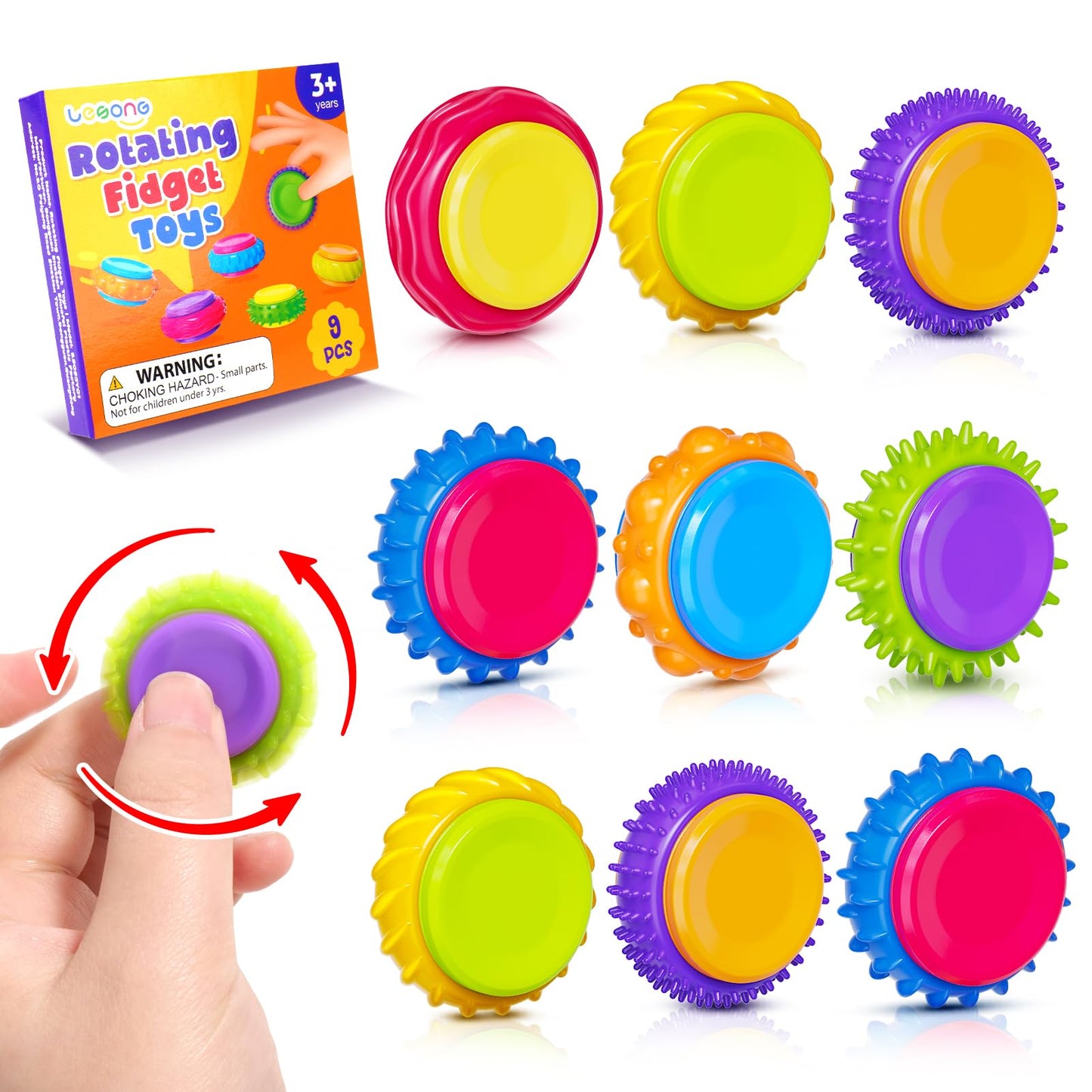 LESONG 9-Pack Fidget Sensory Toys for Kids – Quiet Textured Finger Spinners