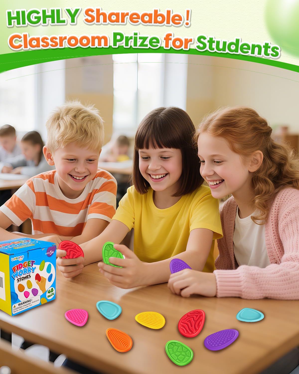 LESONG Fidget Toys Sensory Stone — 48-Pack Textured Worry Stones for Calm, Focus, and Classroom Fun