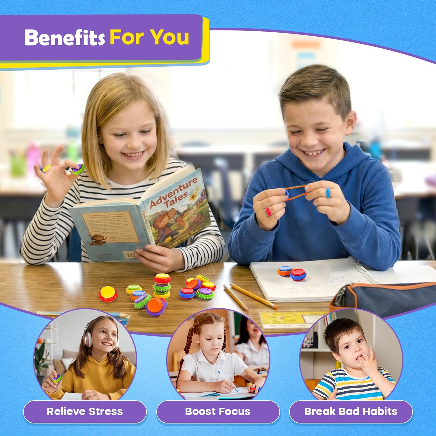 LESONG Fidget Sensory Toys - 18-Pack Textured Finger Spinners for Kids, Quiet & Classroom-Friendly