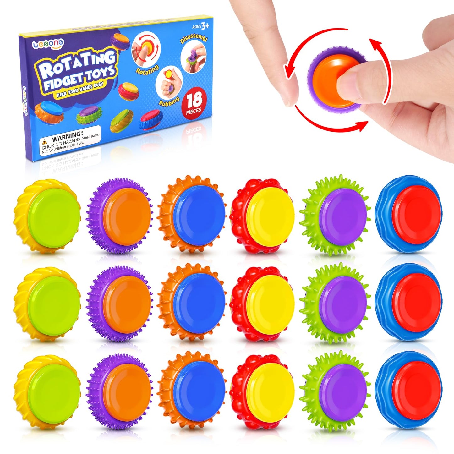 LESONG Fidget Sensory Toys - 18-Pack Textured Finger Spinners for Kids, Quiet & Classroom-Friendly