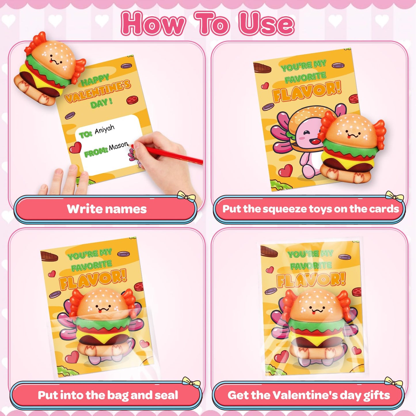 Letapapa Valentines Day Cards for Kids – 24 Pack with Axolotl Slow-Rising Toys