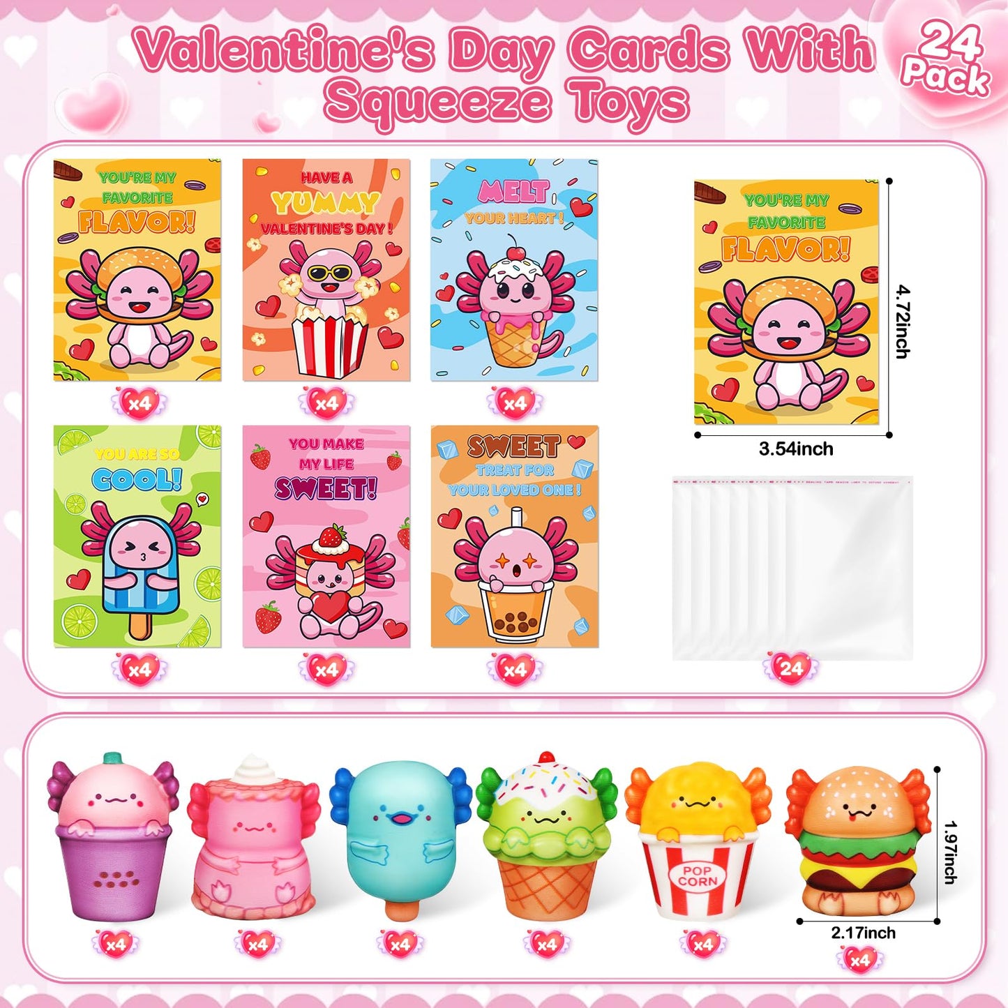 Letapapa Valentines Day Cards for Kids – 24 Pack with Axolotl Slow-Rising Toys