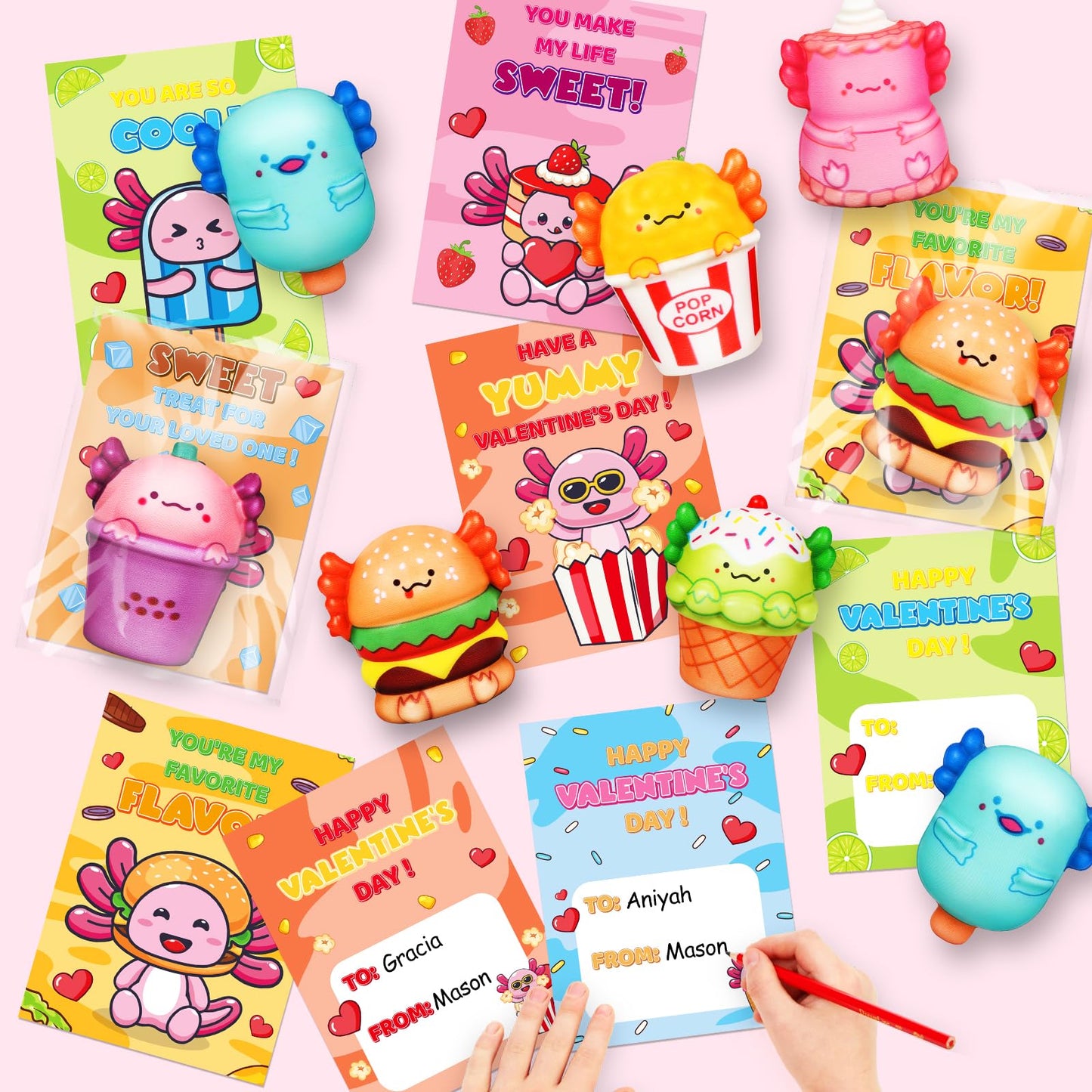 Letapapa Valentines Day Cards for Kids – 24 Pack with Axolotl Slow-Rising Toys
