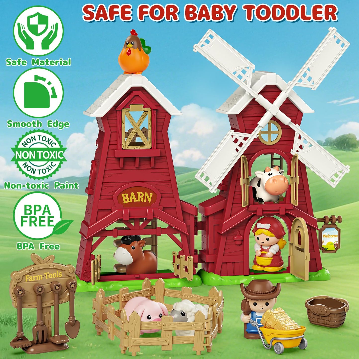 Letapapa Farm Windmill Barn Toddler Toys for 1-3 Years | Montessori Farm Playset with Animals & Accessories