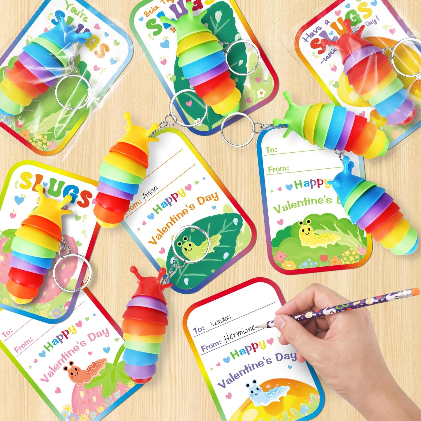 Letapapa Valentine’s Day Cards for Kids – 24-Pack with Fidget Slug Keychains