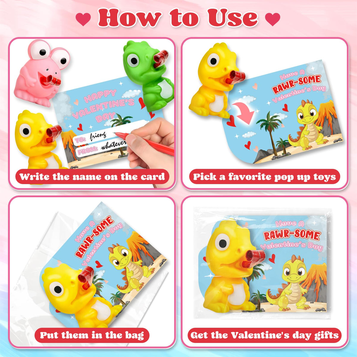 Letapapa Valentines Day Cards for Kids – 24-Pack with Frog & Dinosaur Tongue-Out Fidget Toys