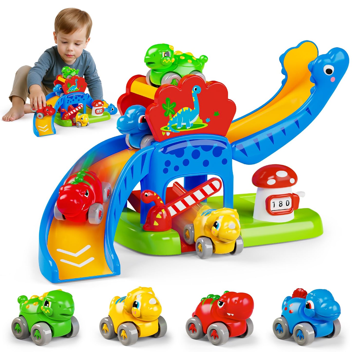 Letapapa Toddler Dinosaur Slide Toy with 4 Cars – 12–18 Months
