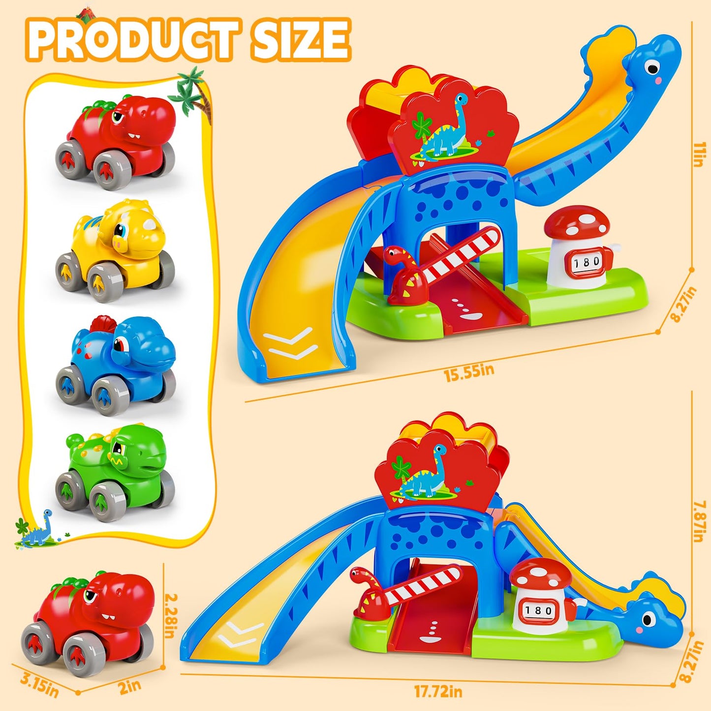Letapapa Toddler Dinosaur Slide Toy with 4 Cars – 12–18 Months