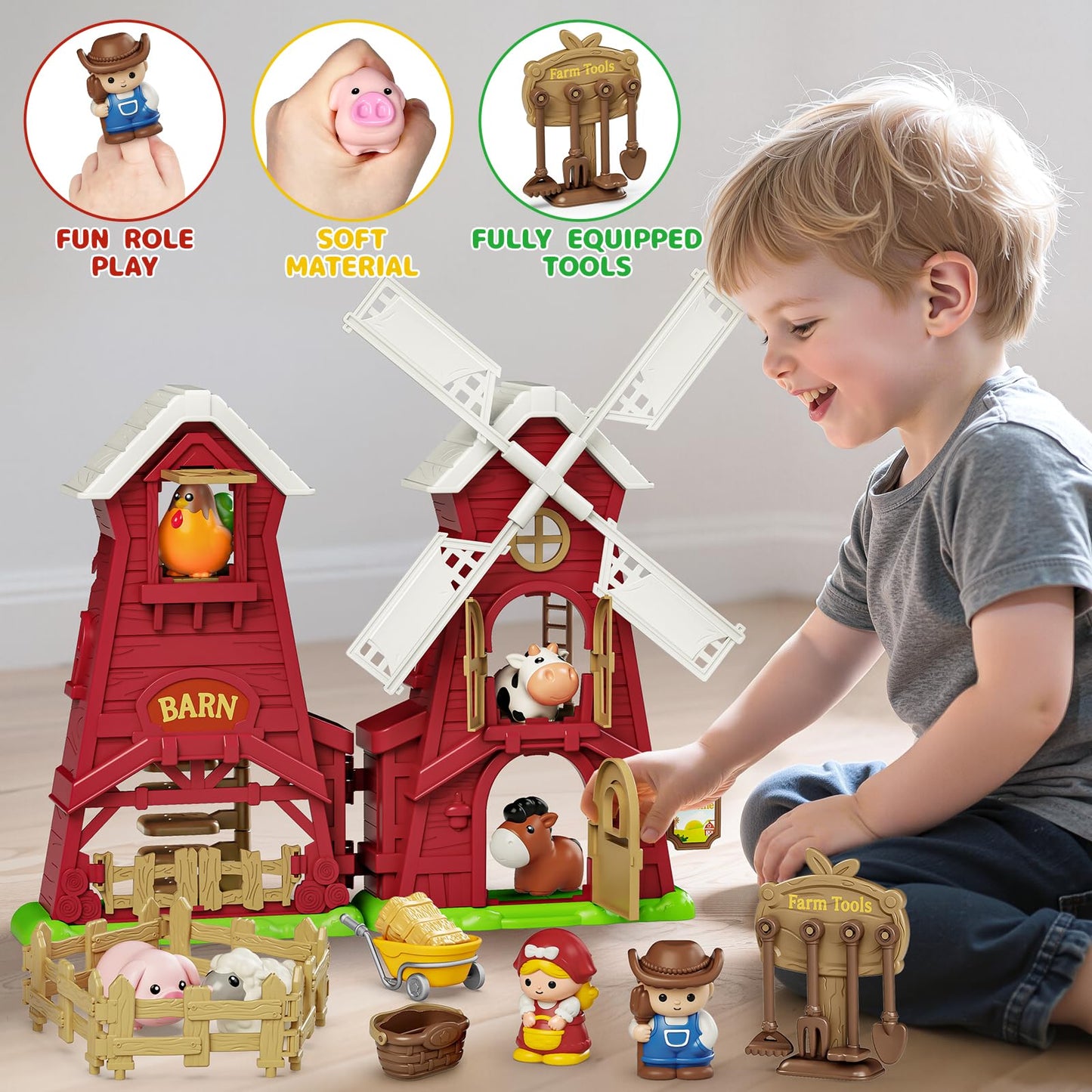 Letapapa Farm Windmill Barn Toddler Toys for 1-3 Years | Montessori Farm Playset with Animals & Accessories