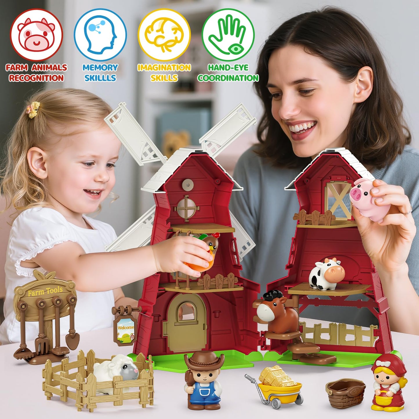 Letapapa Farm Windmill Barn Toddler Toys for 1-3 Years | Montessori Farm Playset with Animals & Accessories