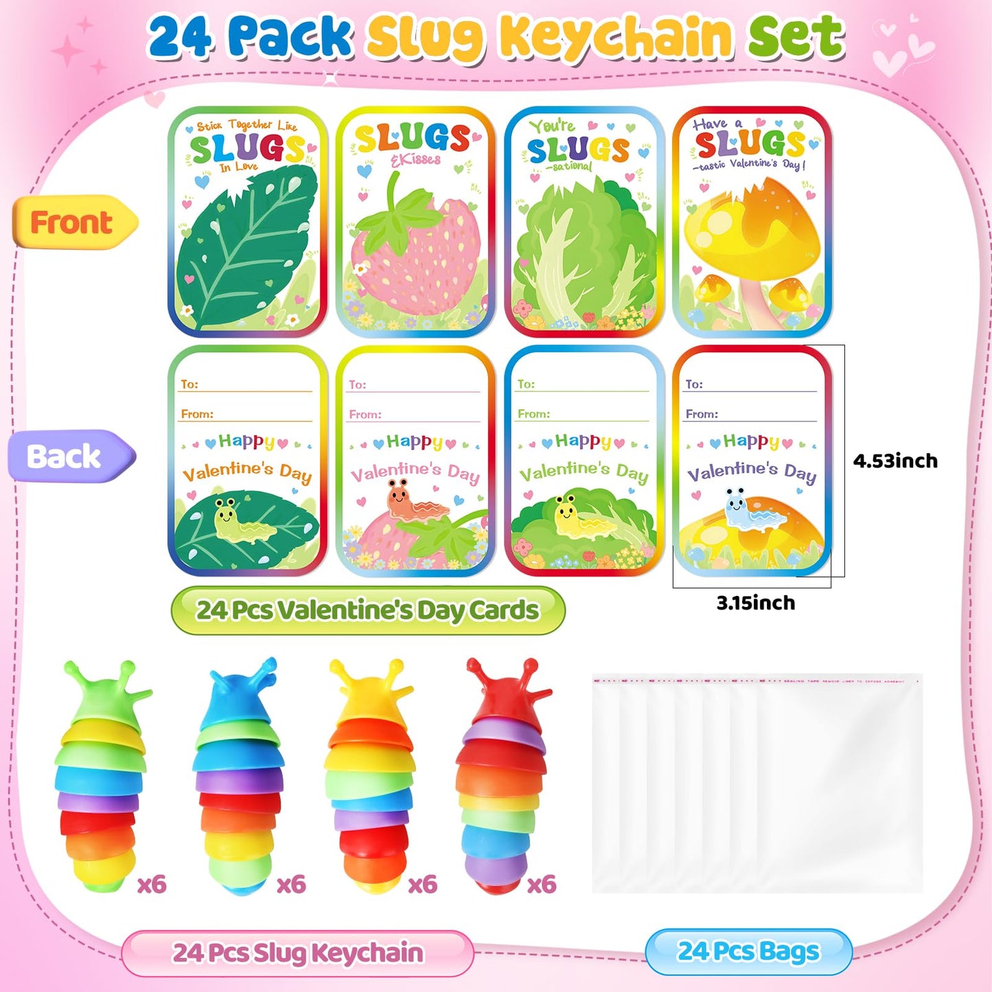 Letapapa Valentine’s Day Cards for Kids – 24-Pack with Fidget Slug Keychains