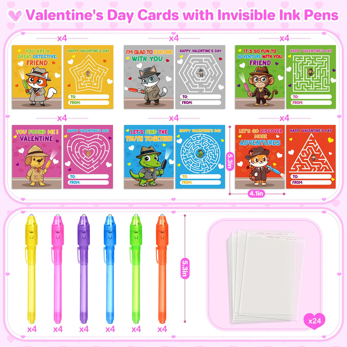 Letapapa 24-Pack Valentines Cards with Invisible Ink Pens – Fun Classroom Exchange Gifts for Kids