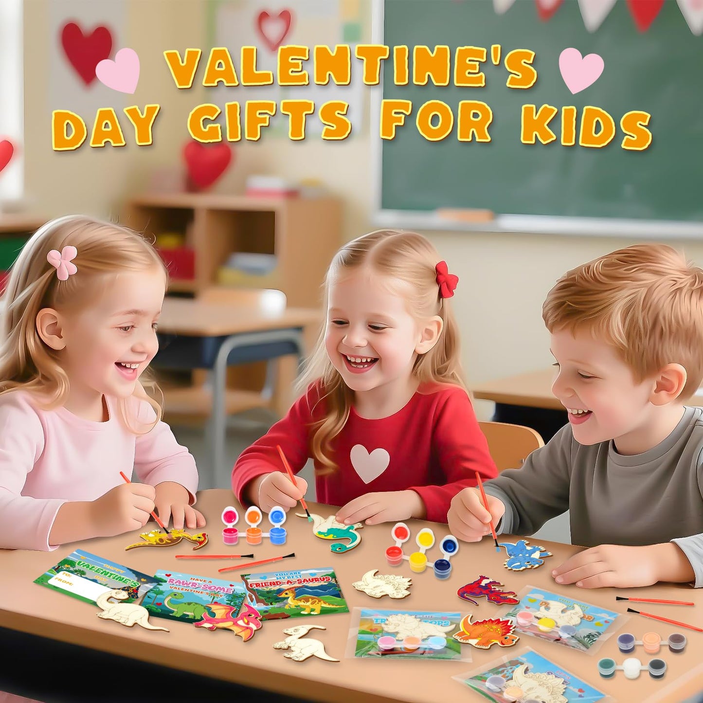 Letapapa Valentine's Day Cards for Kids – 24 Pack with DIY Dinosaur Painting Kit