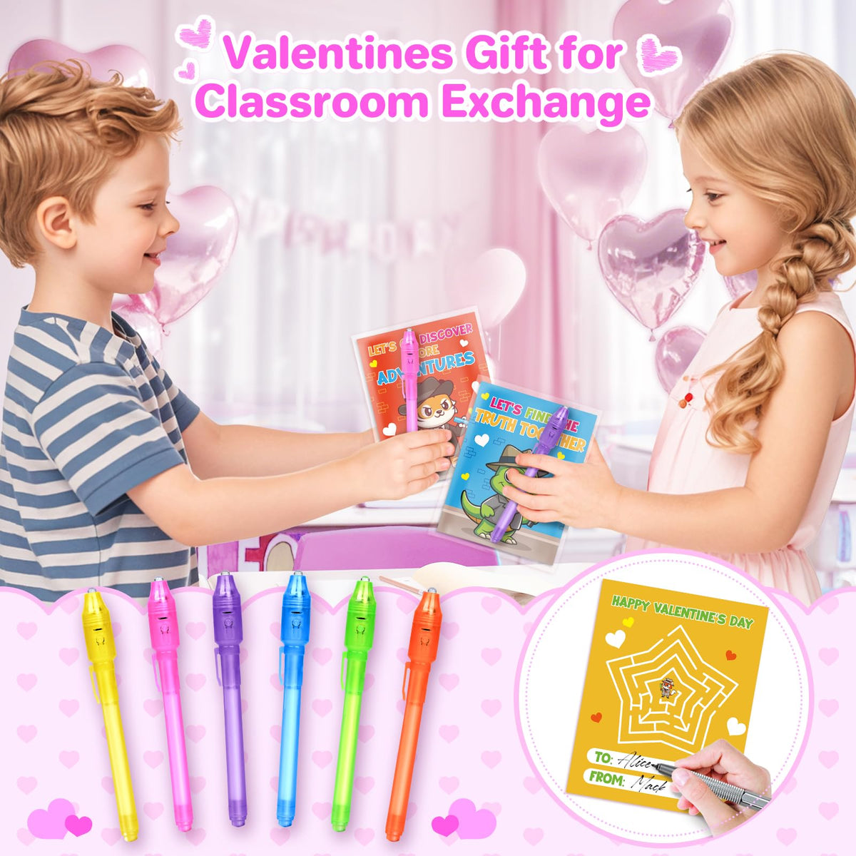 Letapapa 24-Pack Valentines Cards with Invisible Ink Pens – Fun Classroom Exchange Gifts for Kids