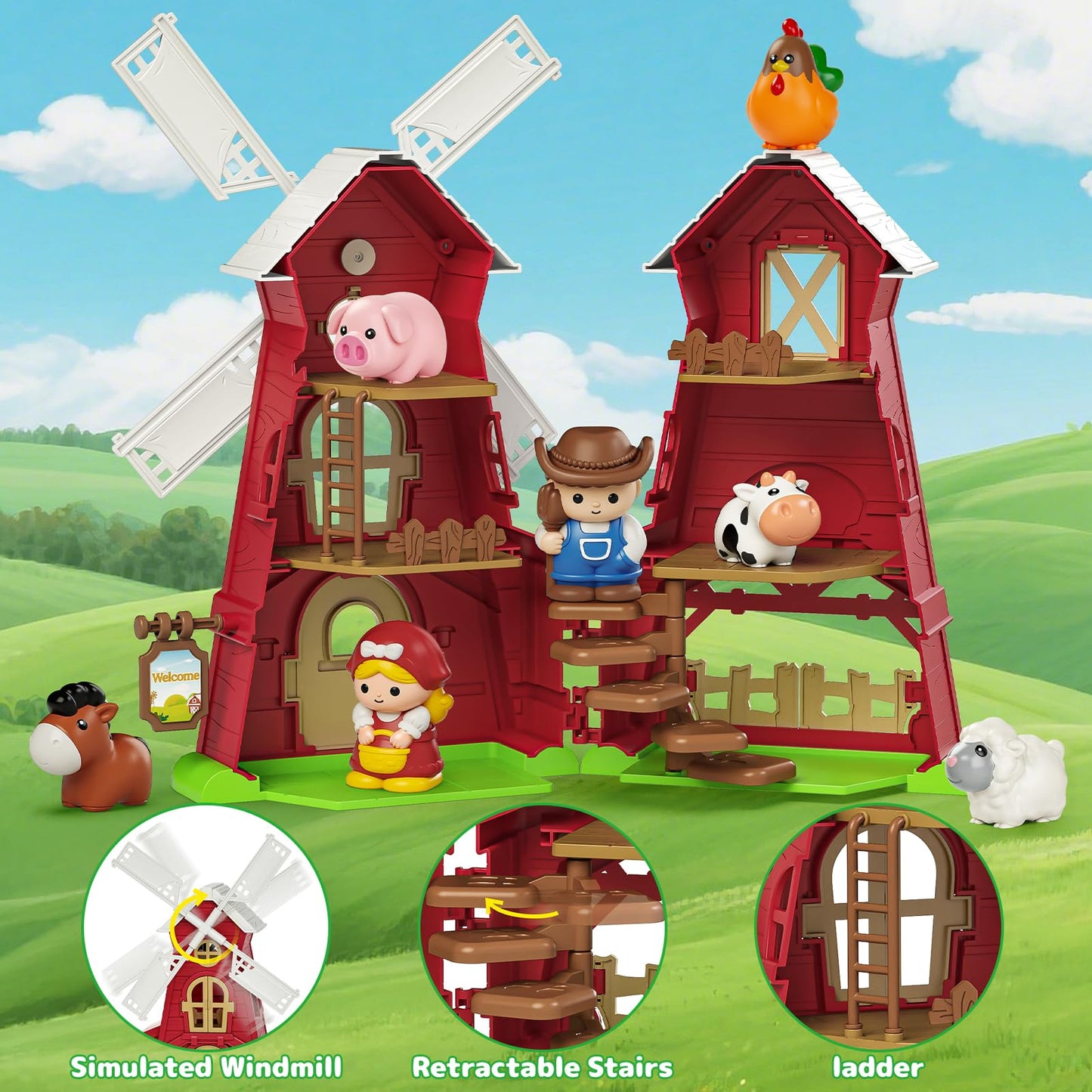 Letapapa Farm Windmill Barn Toddler Toys for 1-3 Years | Montessori Farm Playset with Animals & Accessories