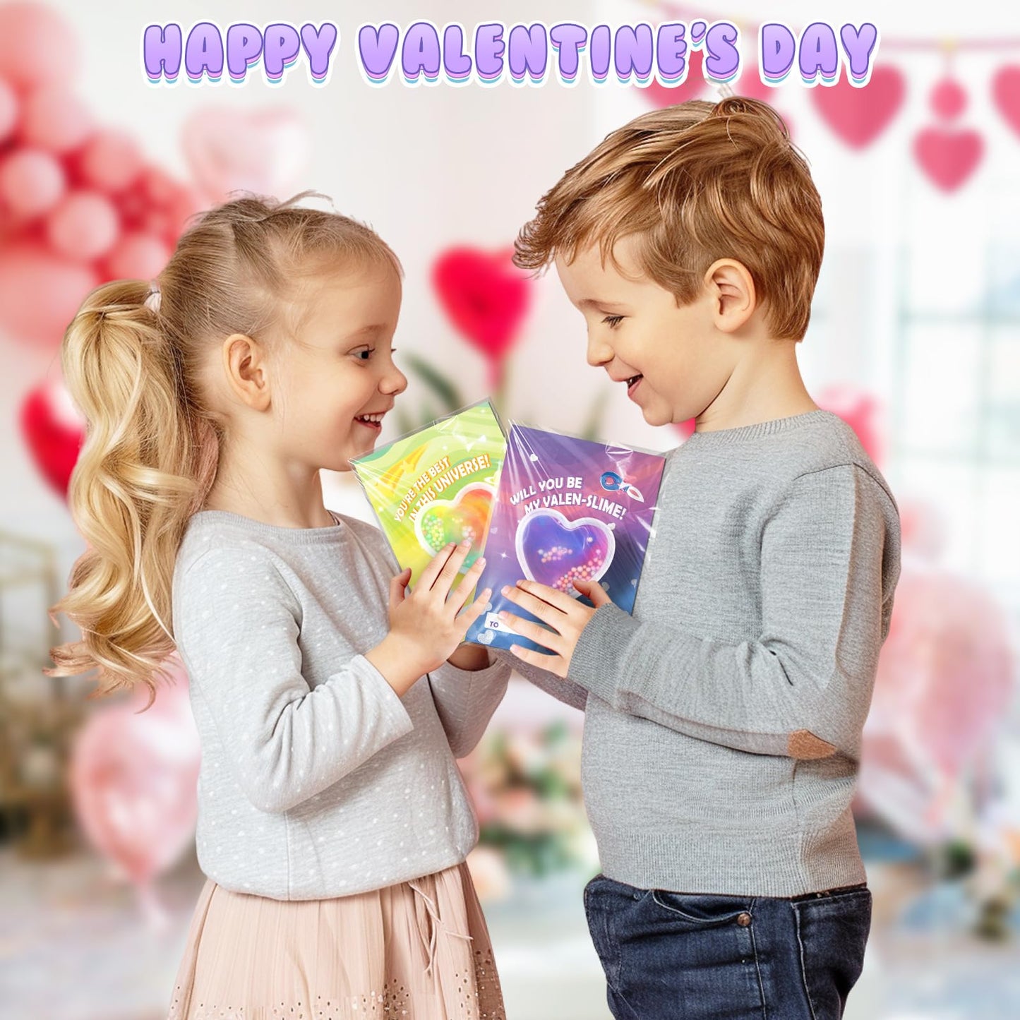 Letapapa Valentines Day Cards for Kids – 24 Pack with Heart Slime, Classroom Exchange & Party Favors
