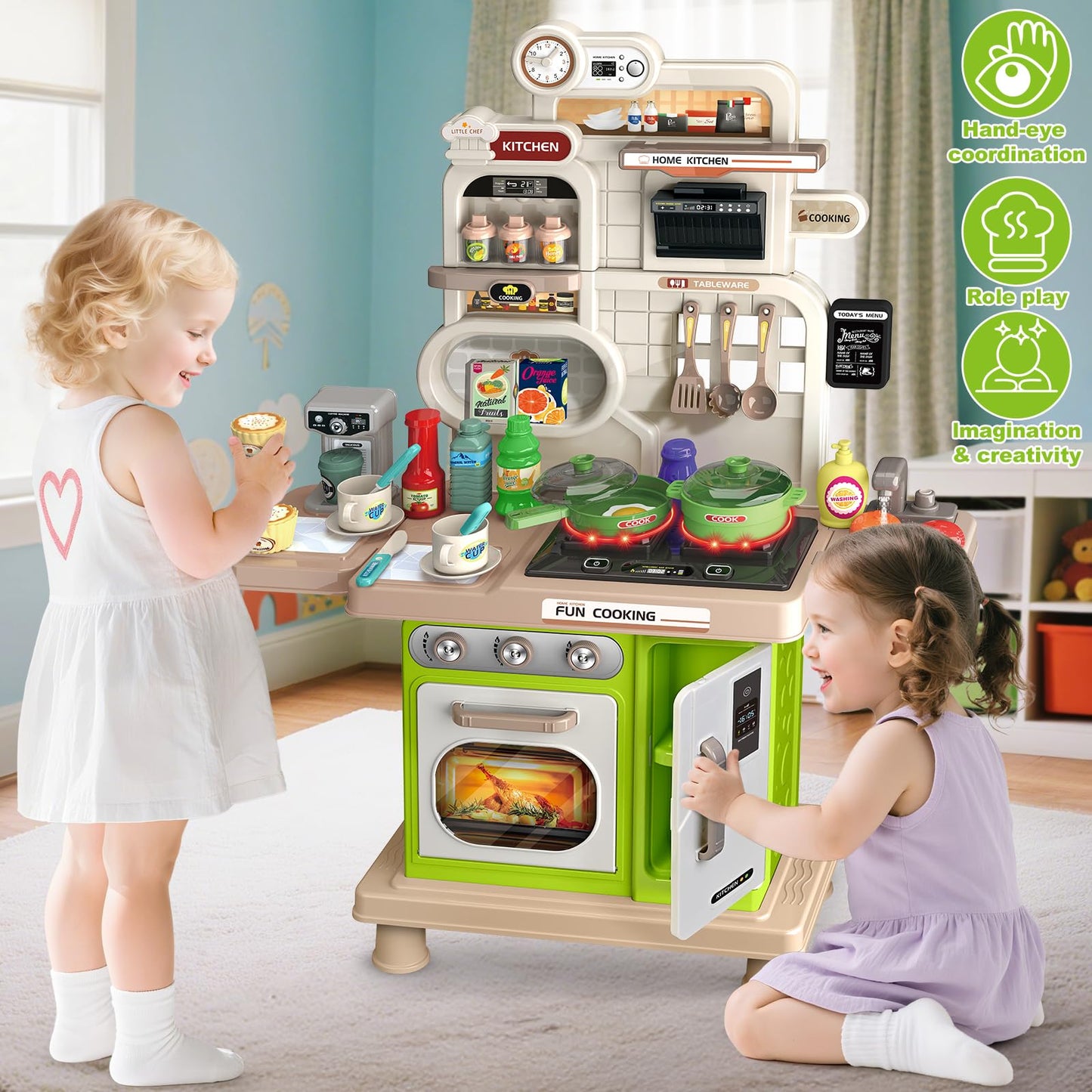 Letapapa Play Kitchen Set – Realistic Sound & Light Stove, 57 Pcs, Green