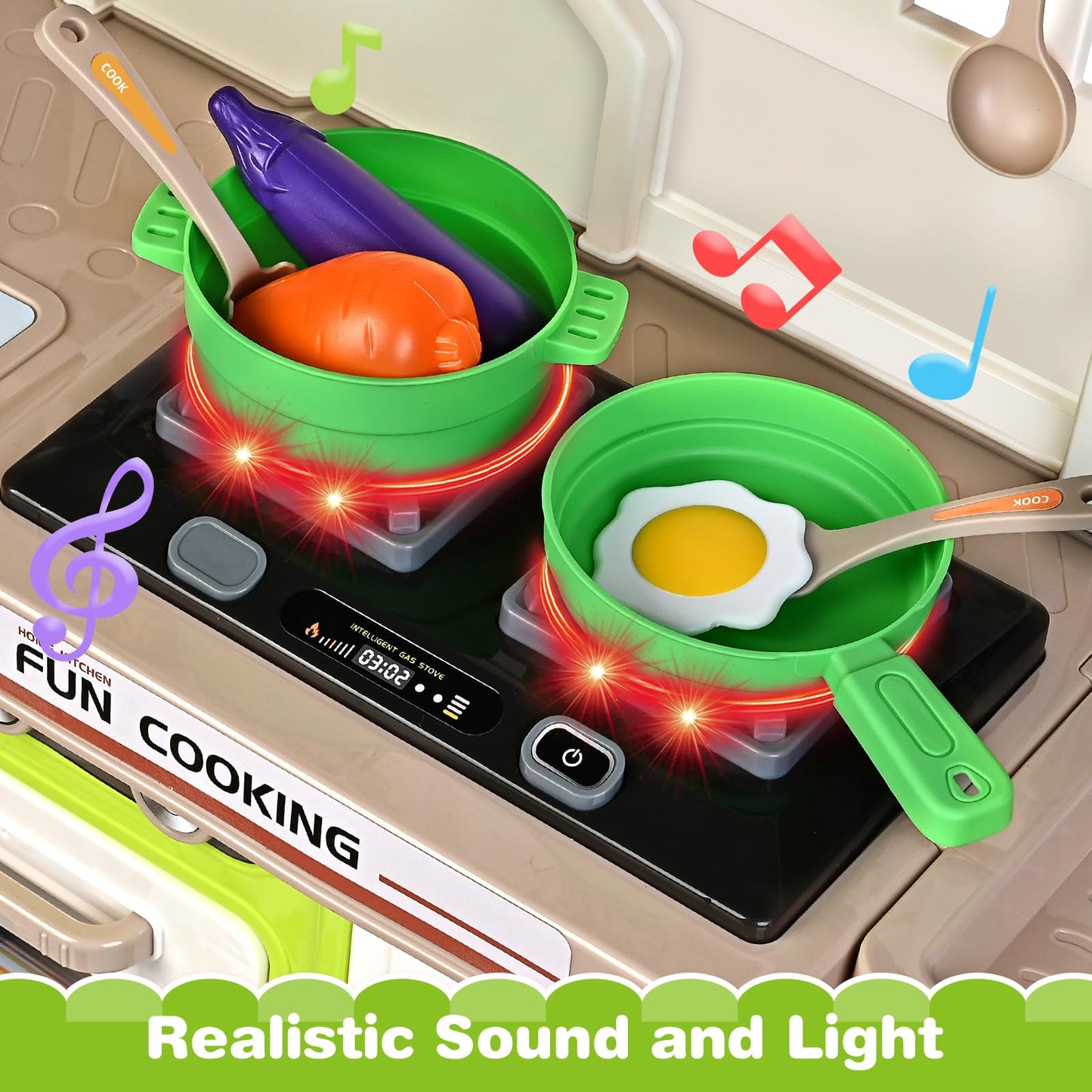 Letapapa Play Kitchen Set – Realistic Sound & Light Stove, 57 Pcs, Green