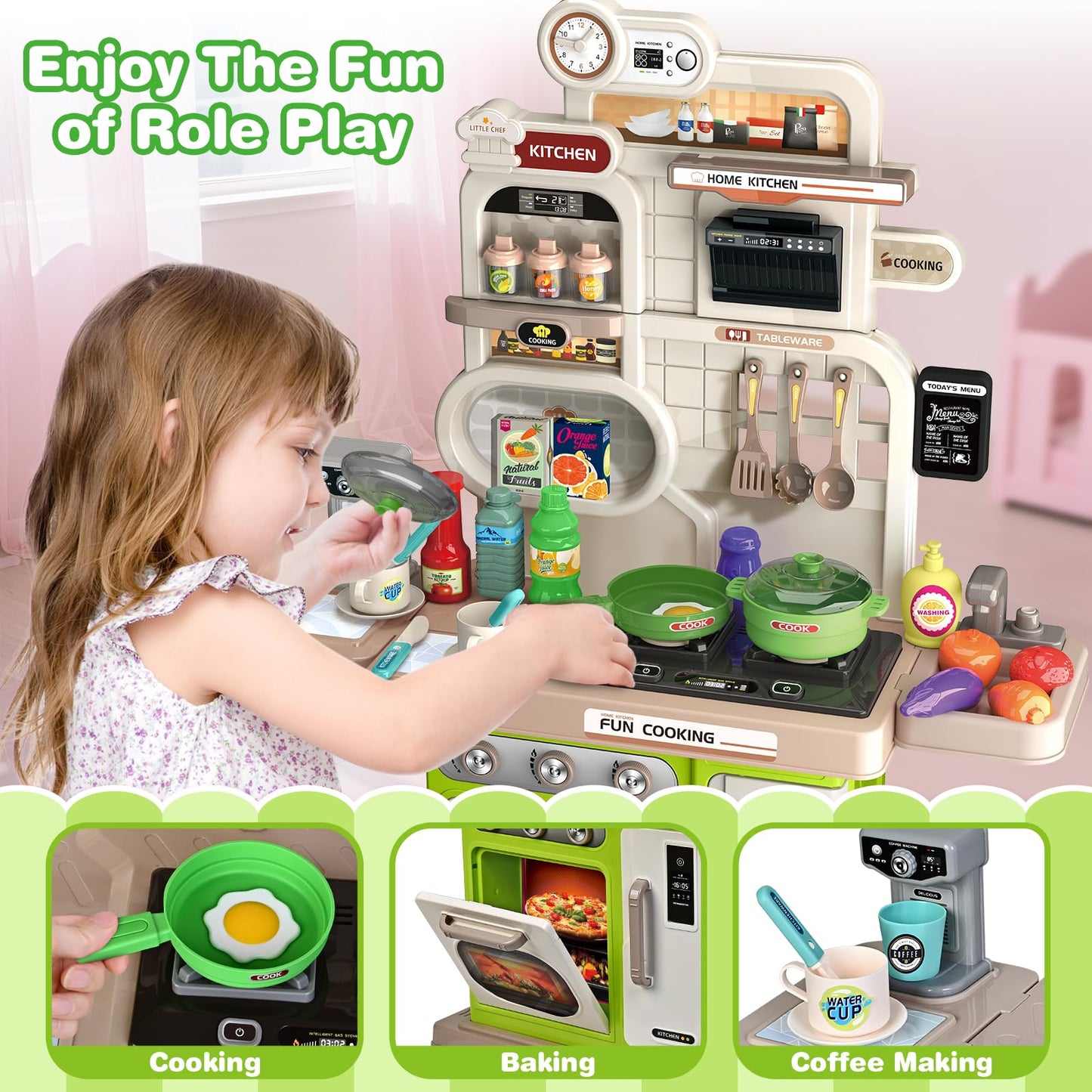 Letapapa Play Kitchen Set – Realistic Sound & Light Stove, 57 Pcs, Green
