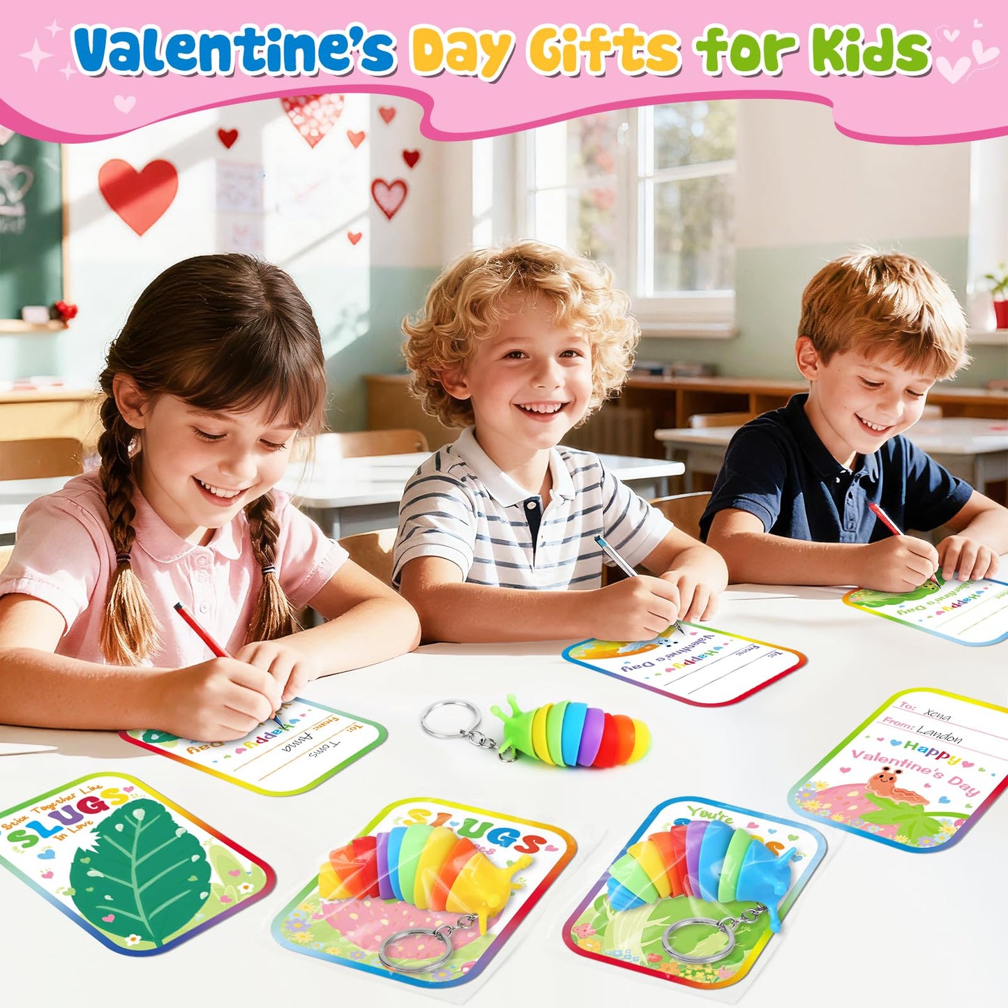 Letapapa Valentine’s Day Cards for Kids – 24-Pack with Fidget Slug Keychains