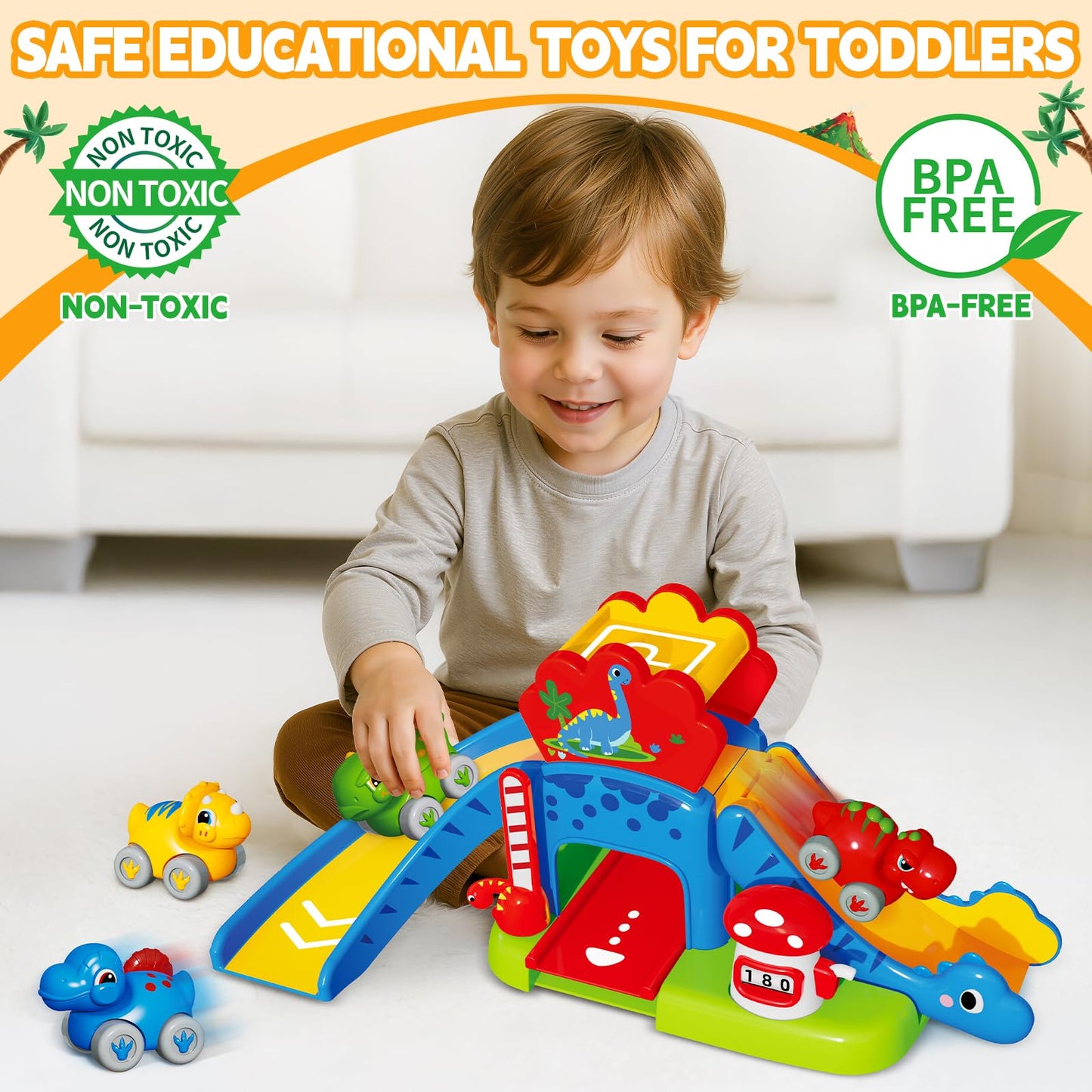 Letapapa Toddler Dinosaur Slide Toy with 4 Cars – 12–18 Months