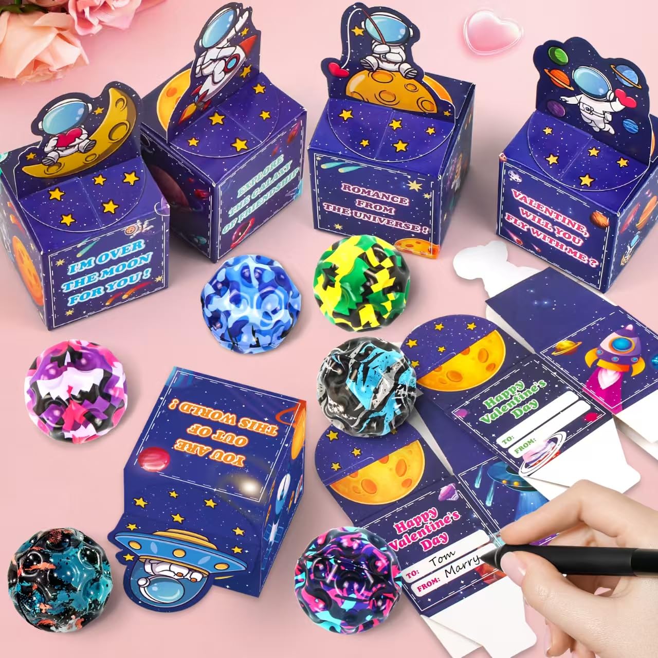 Letapapa 24 Pack Valentines Day Cards for Kids with High Bouncy Balls – Classroom Exchange & Party Favors