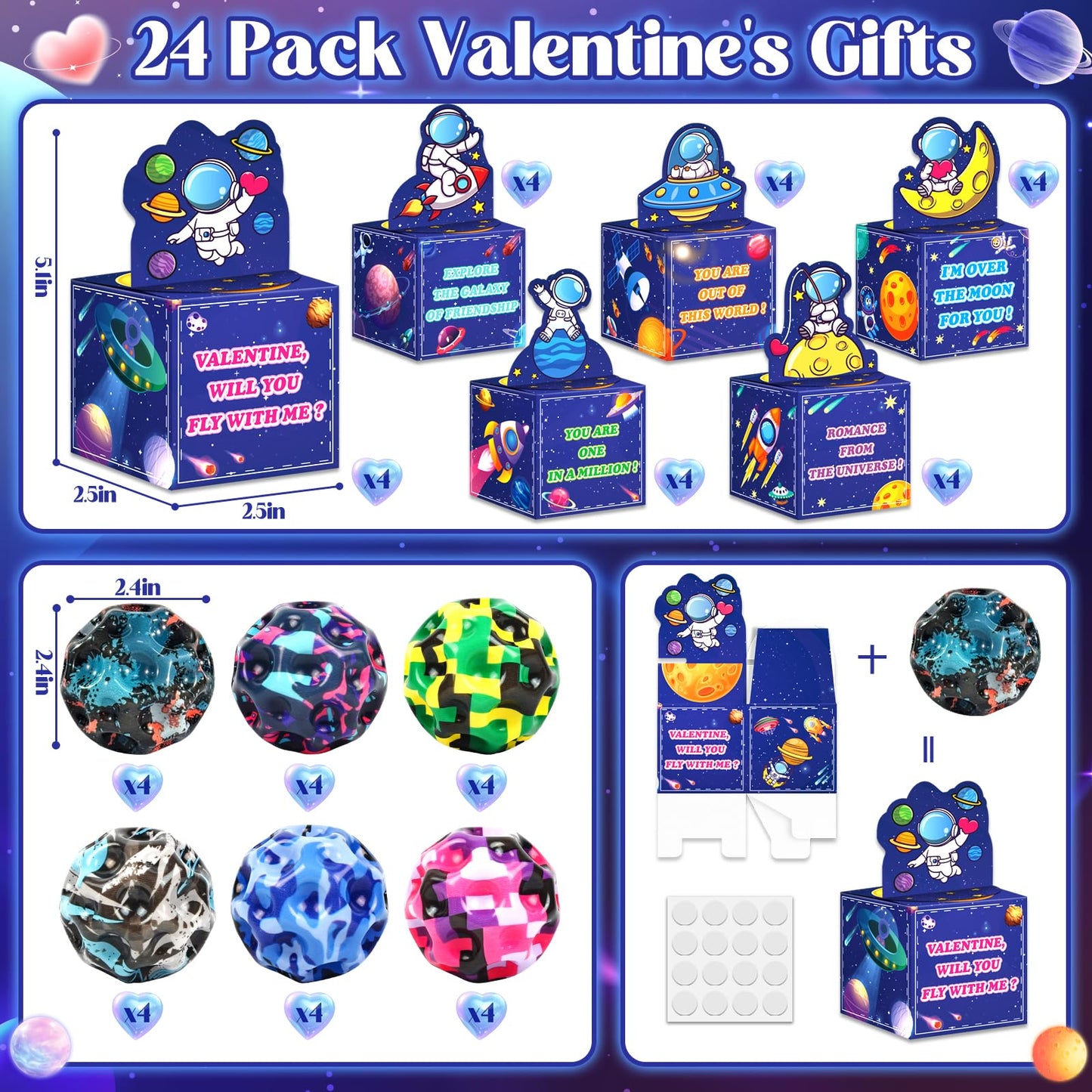 Letapapa 24 Pack Valentines Day Cards for Kids with High Bouncy Balls – Classroom Exchange & Party Favors