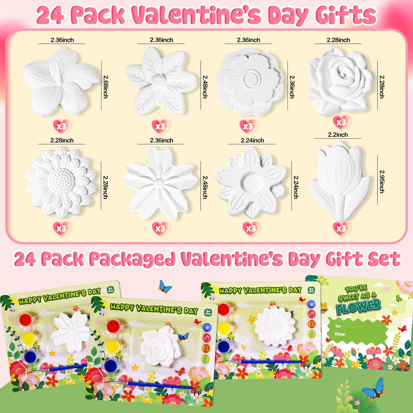 Letapapa Valentine’s Day Cards for Kids – 24-Pack Flower Plaster Painting Kit for School & Classrooms