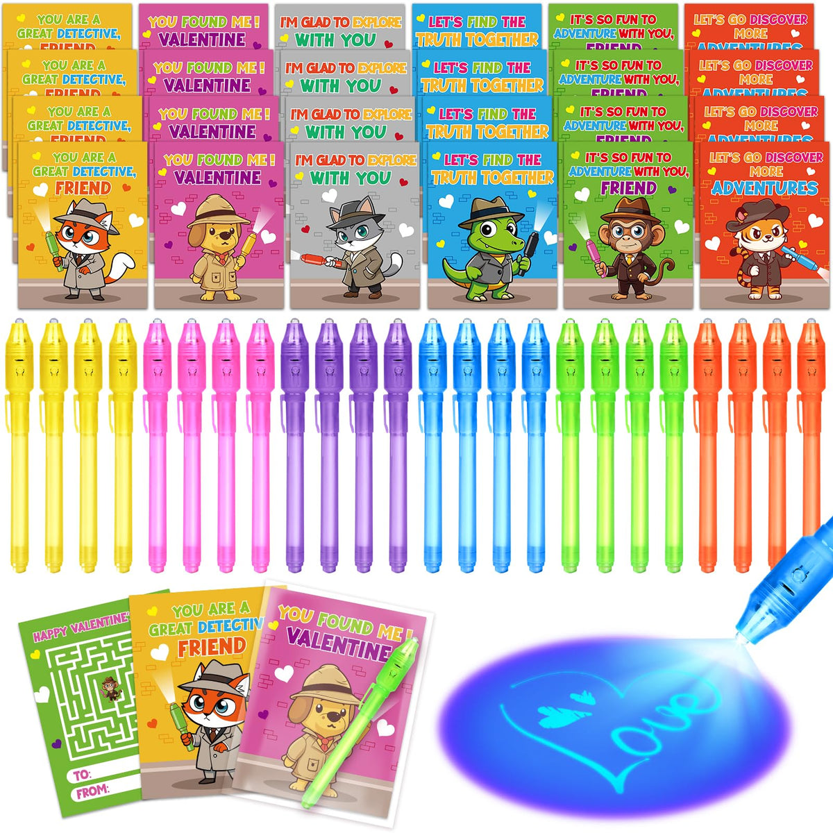 Letapapa 24-Pack Valentines Cards with Invisible Ink Pens – Fun Classroom Exchange Gifts for Kids