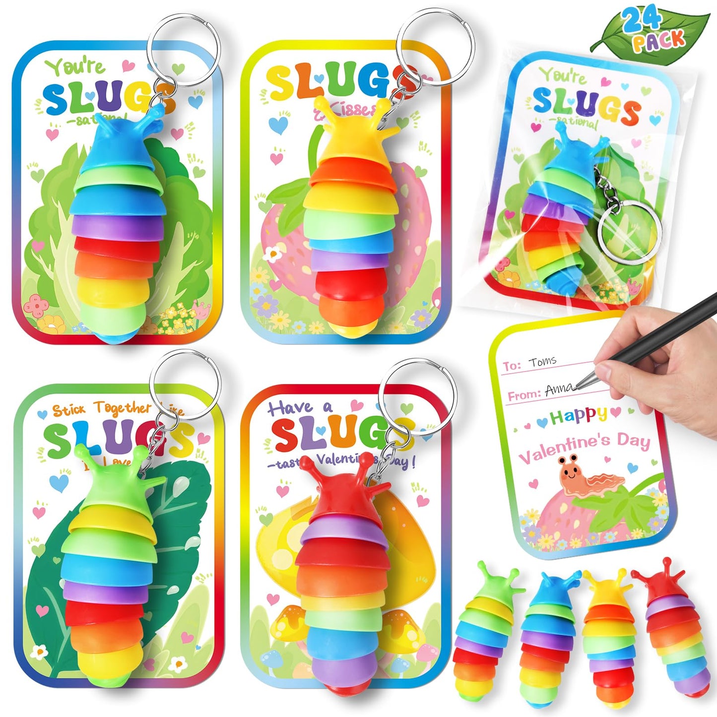 Letapapa Valentine’s Day Cards for Kids – 24-Pack with Fidget Slug Keychains