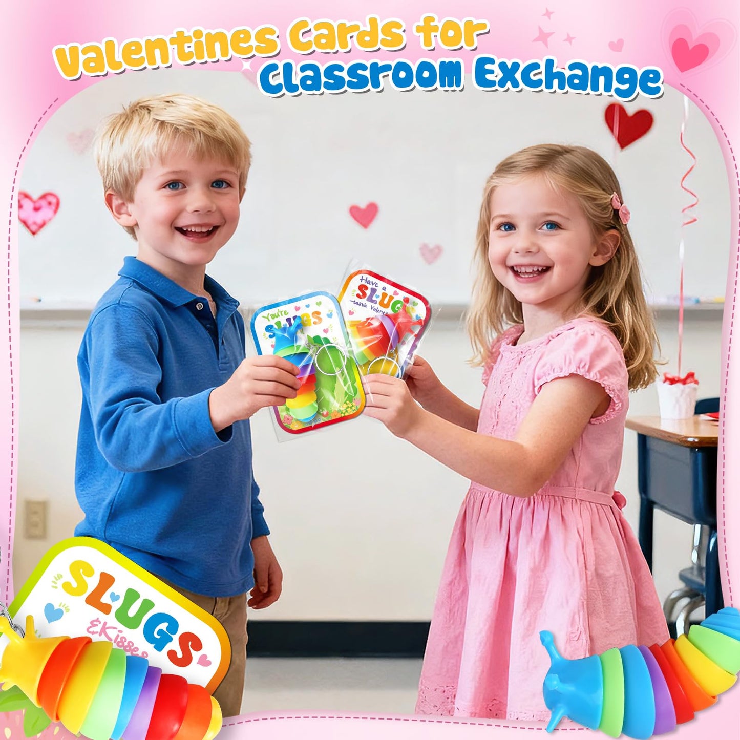 Letapapa Valentine’s Day Cards for Kids – 24-Pack with Fidget Slug Keychains