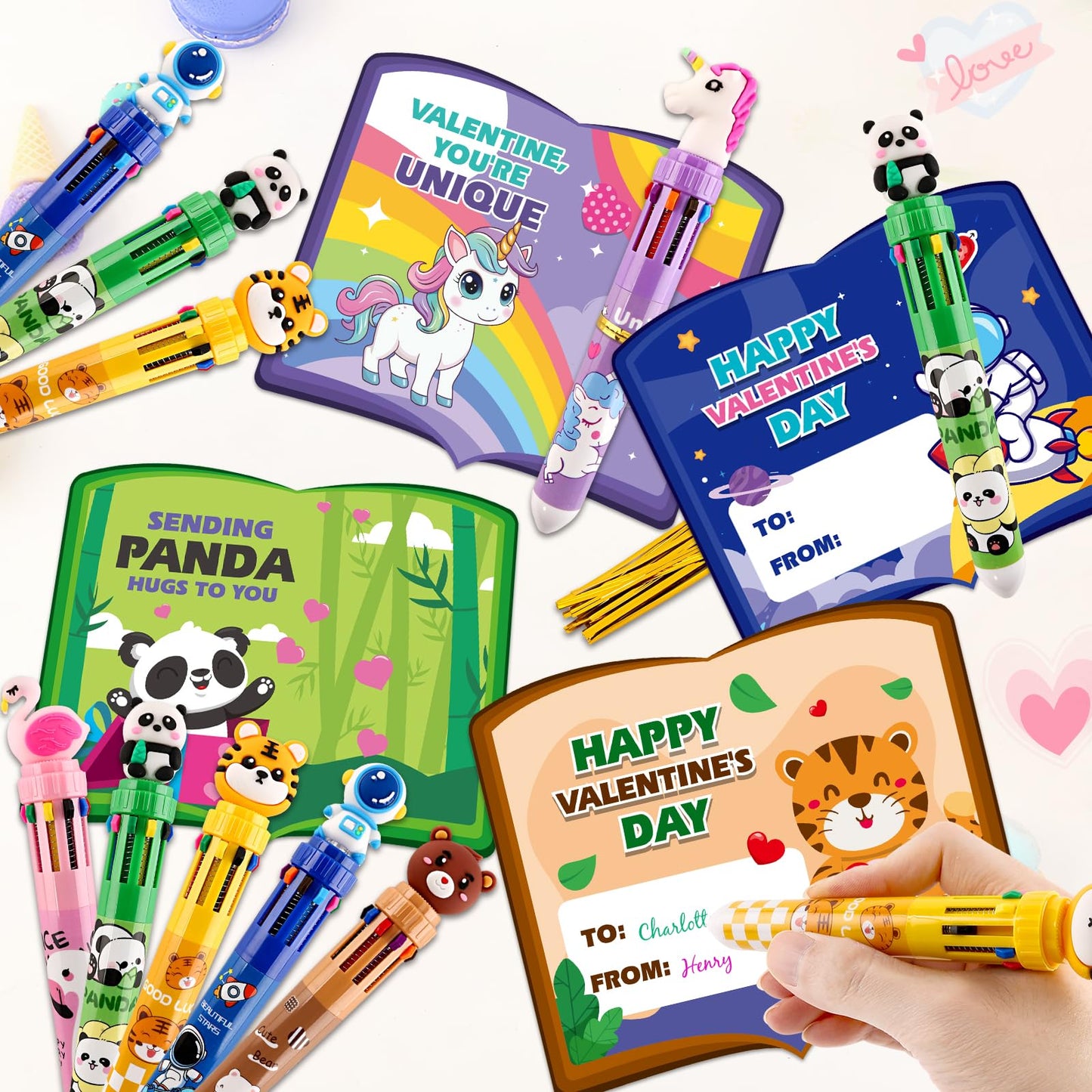 Letapapa Valentines Day Cards for Kids – 24 Pack with 10-in-1 Multicolor Pens