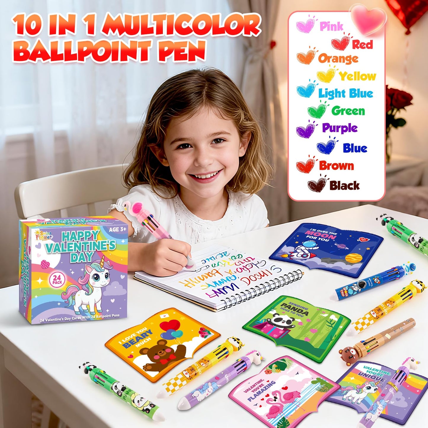 Letapapa Valentines Day Cards for Kids – 24 Pack with 10-in-1 Multicolor Pens