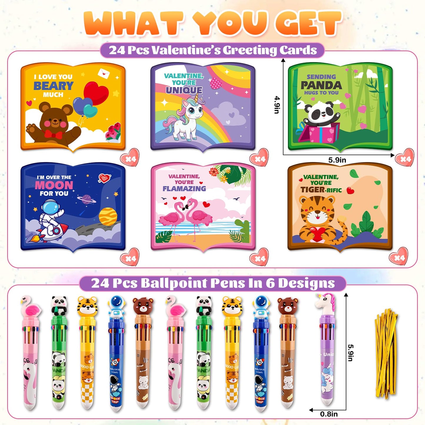 Letapapa Valentines Day Cards for Kids – 24 Pack with 10-in-1 Multicolor Pens