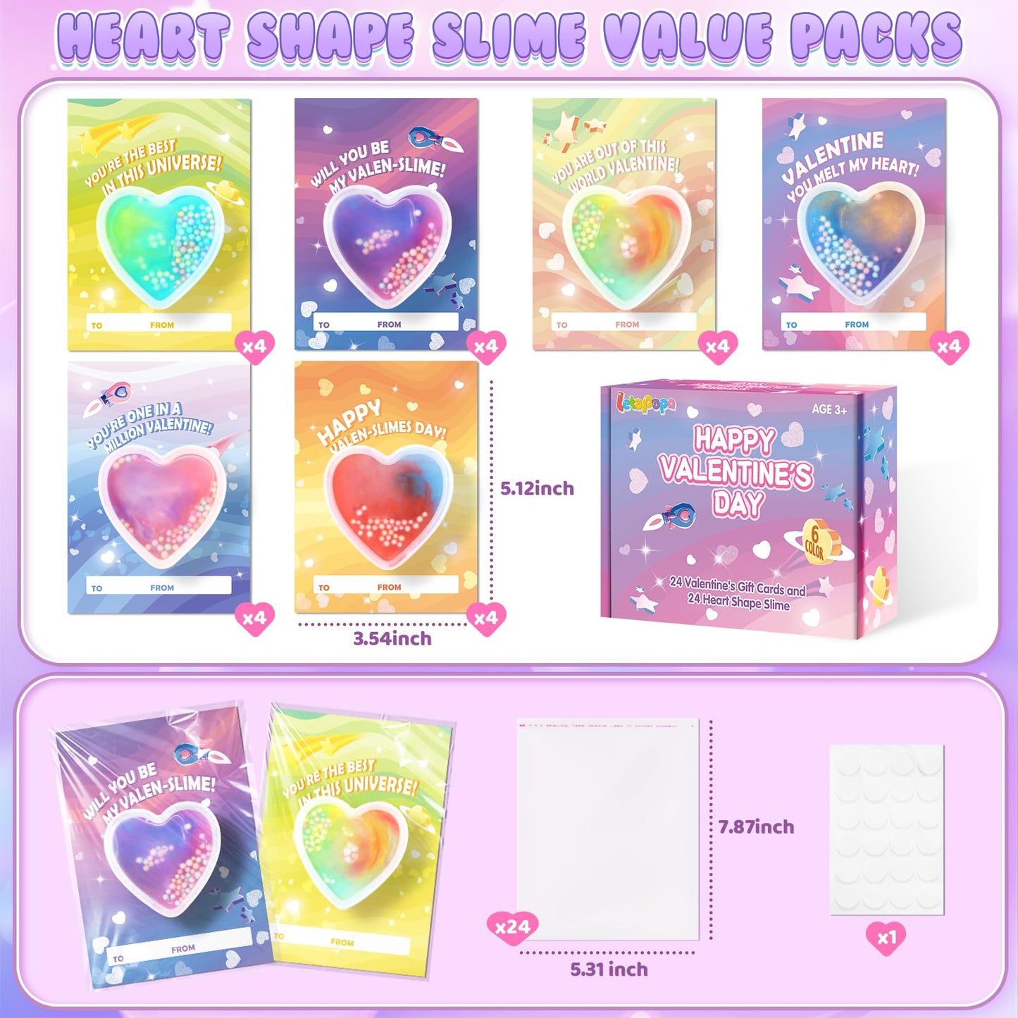 Letapapa Valentines Day Cards for Kids – 24 Pack with Heart Slime, Classroom Exchange & Party Favors