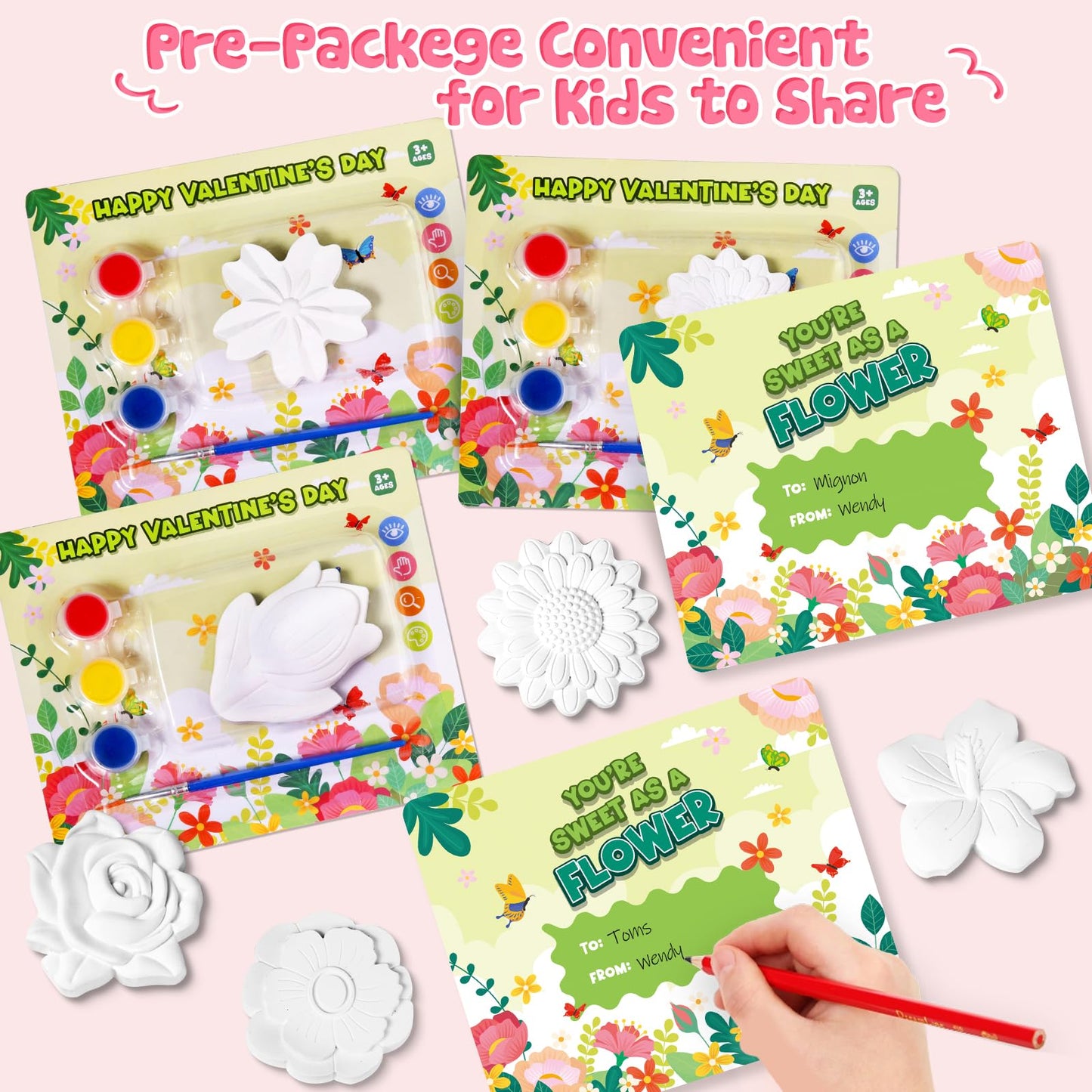 Letapapa Valentine’s Day Cards for Kids – 24-Pack Flower Plaster Painting Kit for School & Classrooms