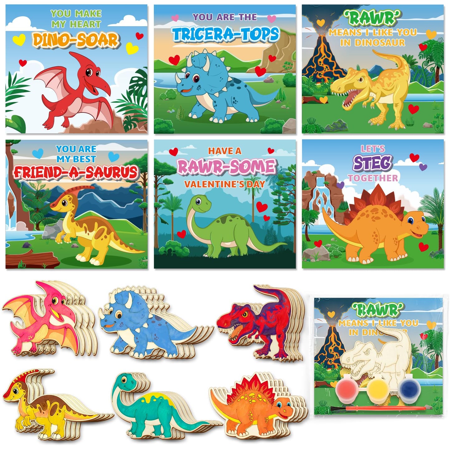 Letapapa Valentine's Day Cards for Kids – 24 Pack with DIY Dinosaur Painting Kit