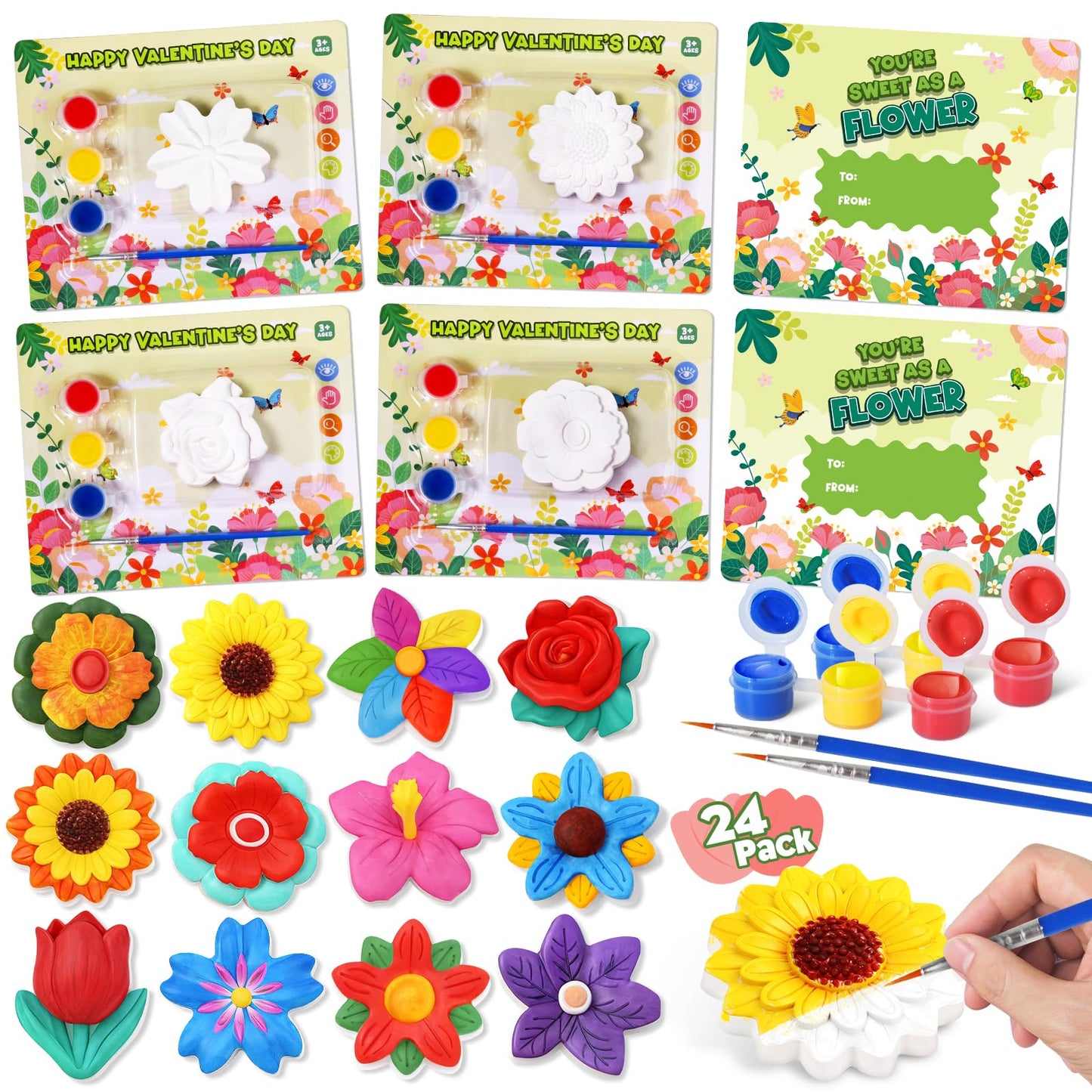 Letapapa Valentine’s Day Cards for Kids – 24-Pack Flower Plaster Painting Kit for School & Classrooms