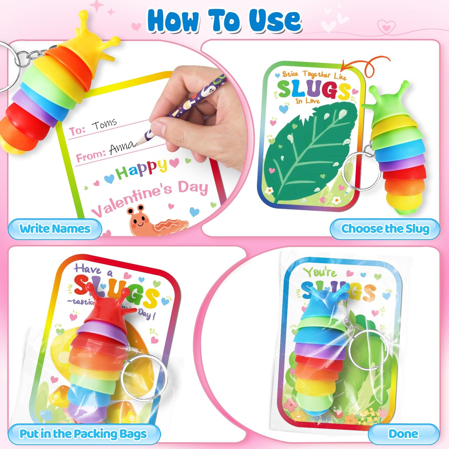 Letapapa Valentine’s Day Cards for Kids – 24-Pack with Fidget Slug Keychains