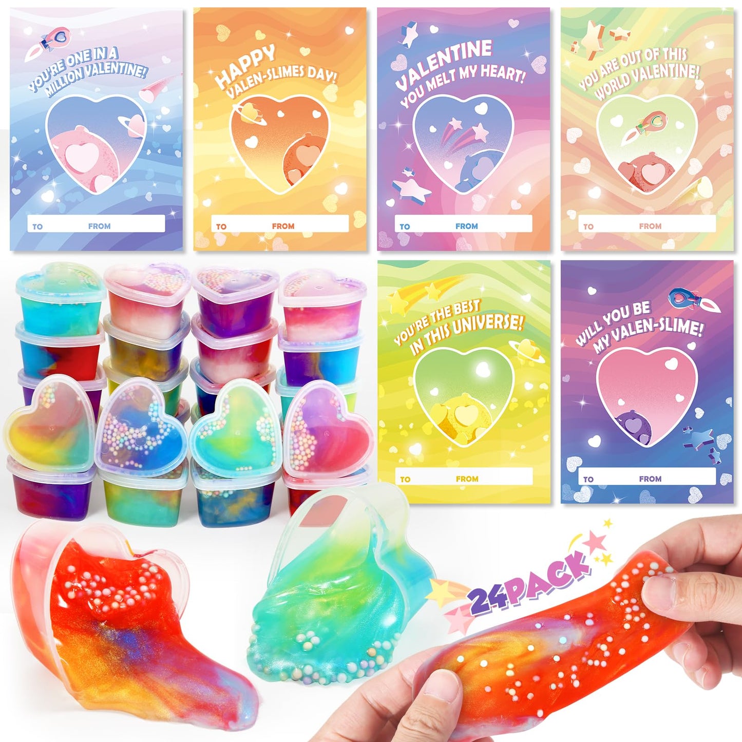 Letapapa Valentines Day Cards for Kids – 24 Pack with Heart Slime, Classroom Exchange & Party Favors