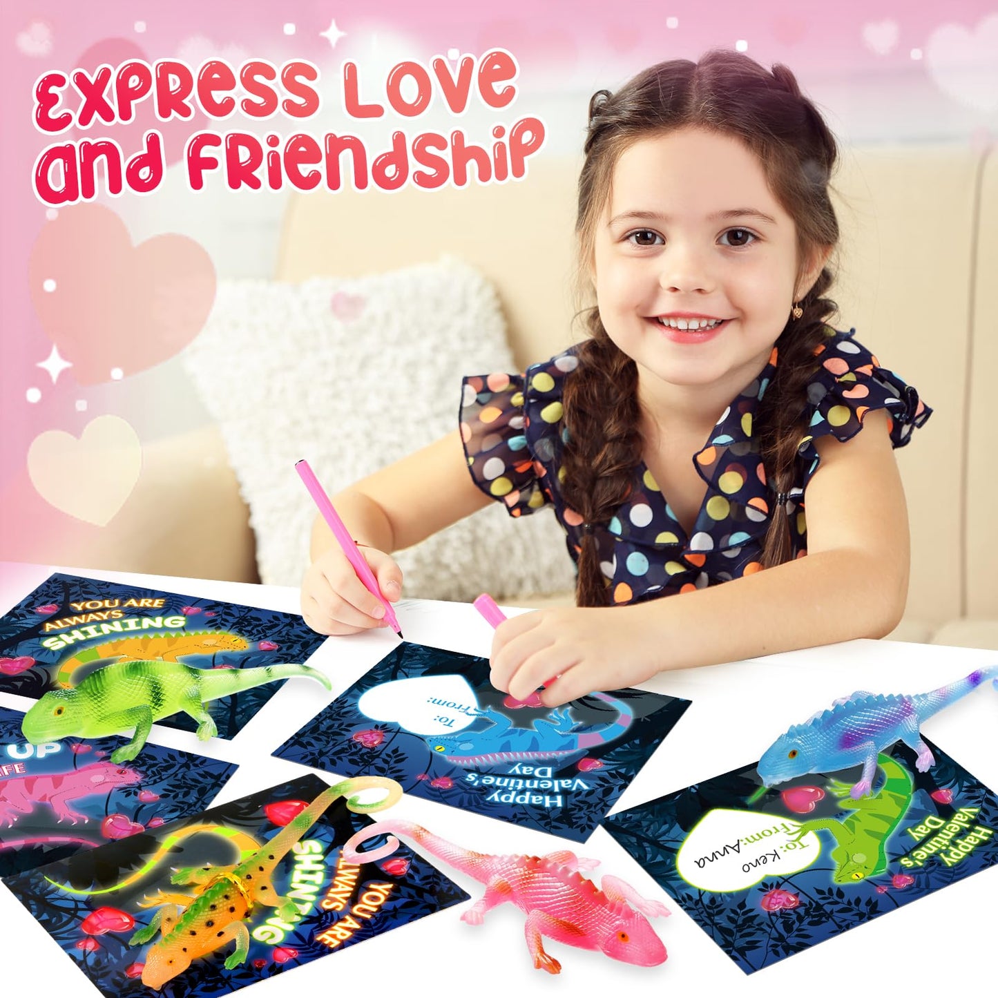 Letapapa Valentines Day Cards for Kids — 24 Pack Glow-in-the-Dark Lizard Gifts, Classroom Exchange & Party Favors