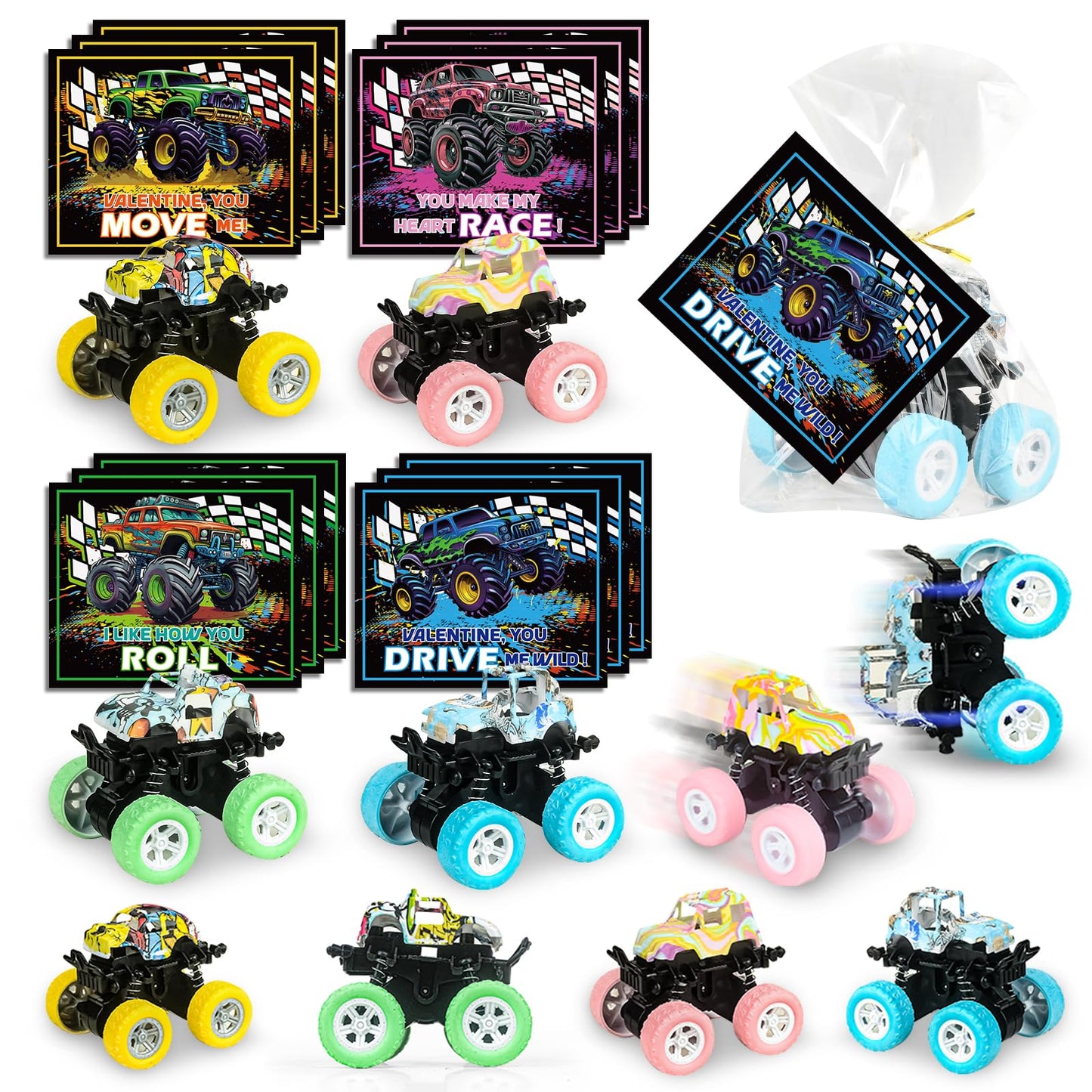 Letapapa 24-Pack Valentines Cards with Monster Truck Toys – Classroom Gifts & Party Favors