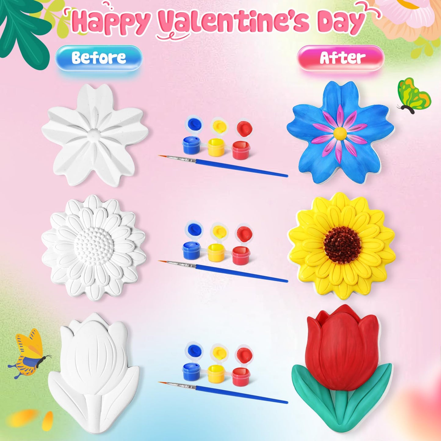 Letapapa Valentine’s Day Cards for Kids – 24-Pack Flower Plaster Painting Kit for School & Classrooms