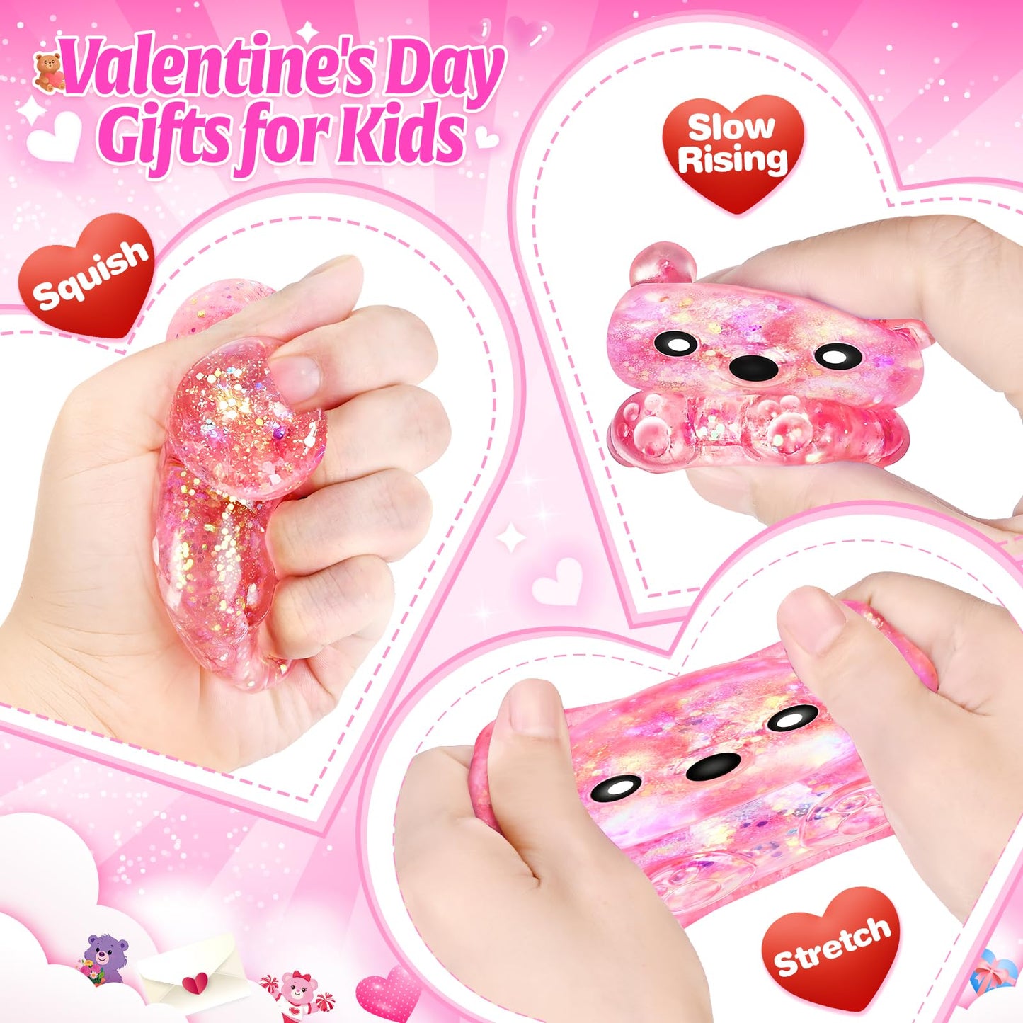 Letapapa Valentines Day Cards for Kids – 24 Pack with Bear Squeeze Toys | Classroom Gifts & Party Favors