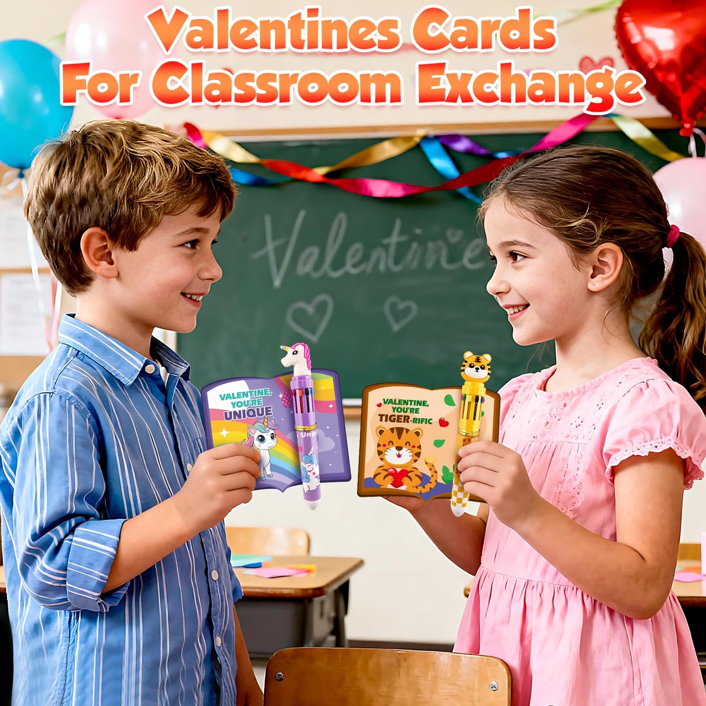 Letapapa Valentines Day Cards for Kids – 24 Pack with 10-in-1 Multicolor Pens