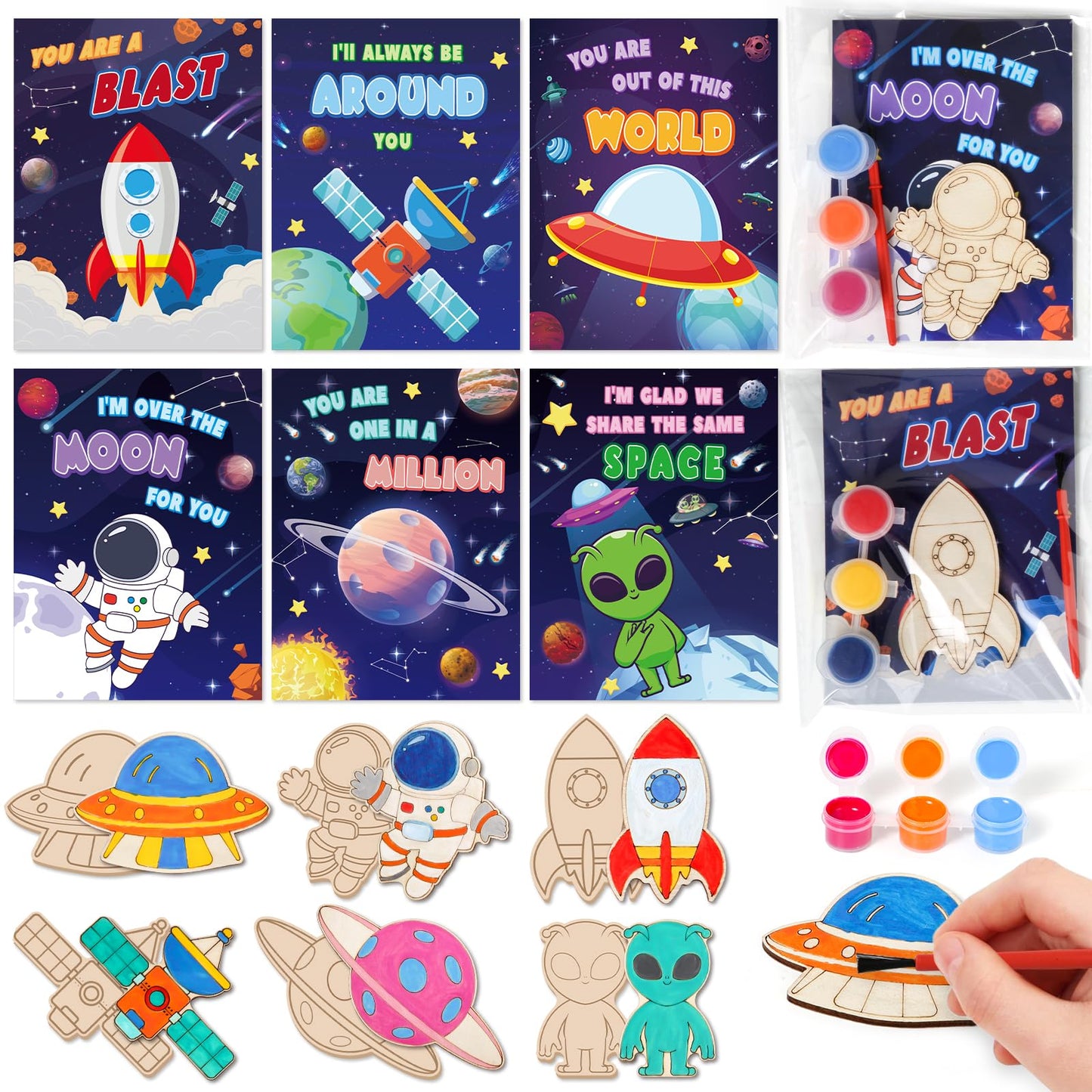Letapapa Valentine's Day Cards for Kids — 24-Pack with DIY Space Wood Crafts Painting Kit