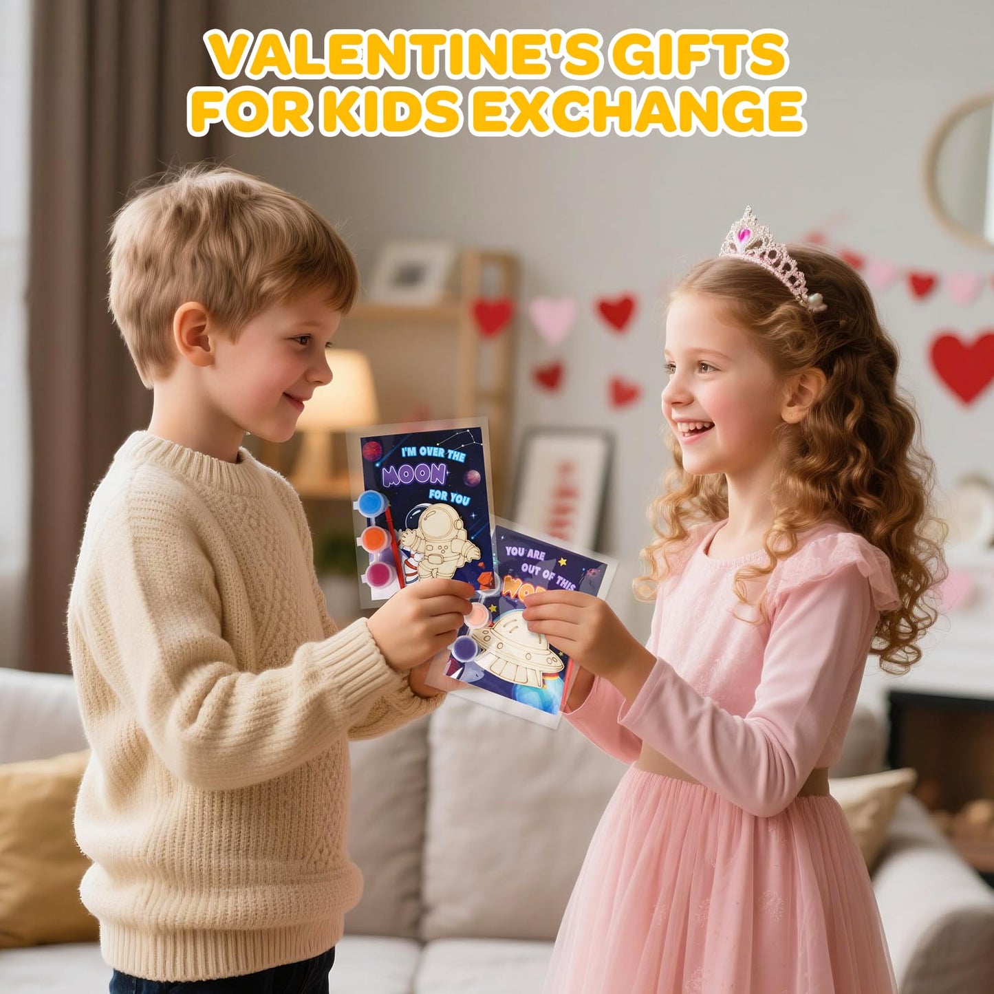 Letapapa Valentine's Day Cards for Kids — 24-Pack with DIY Space Wood Crafts Painting Kit
